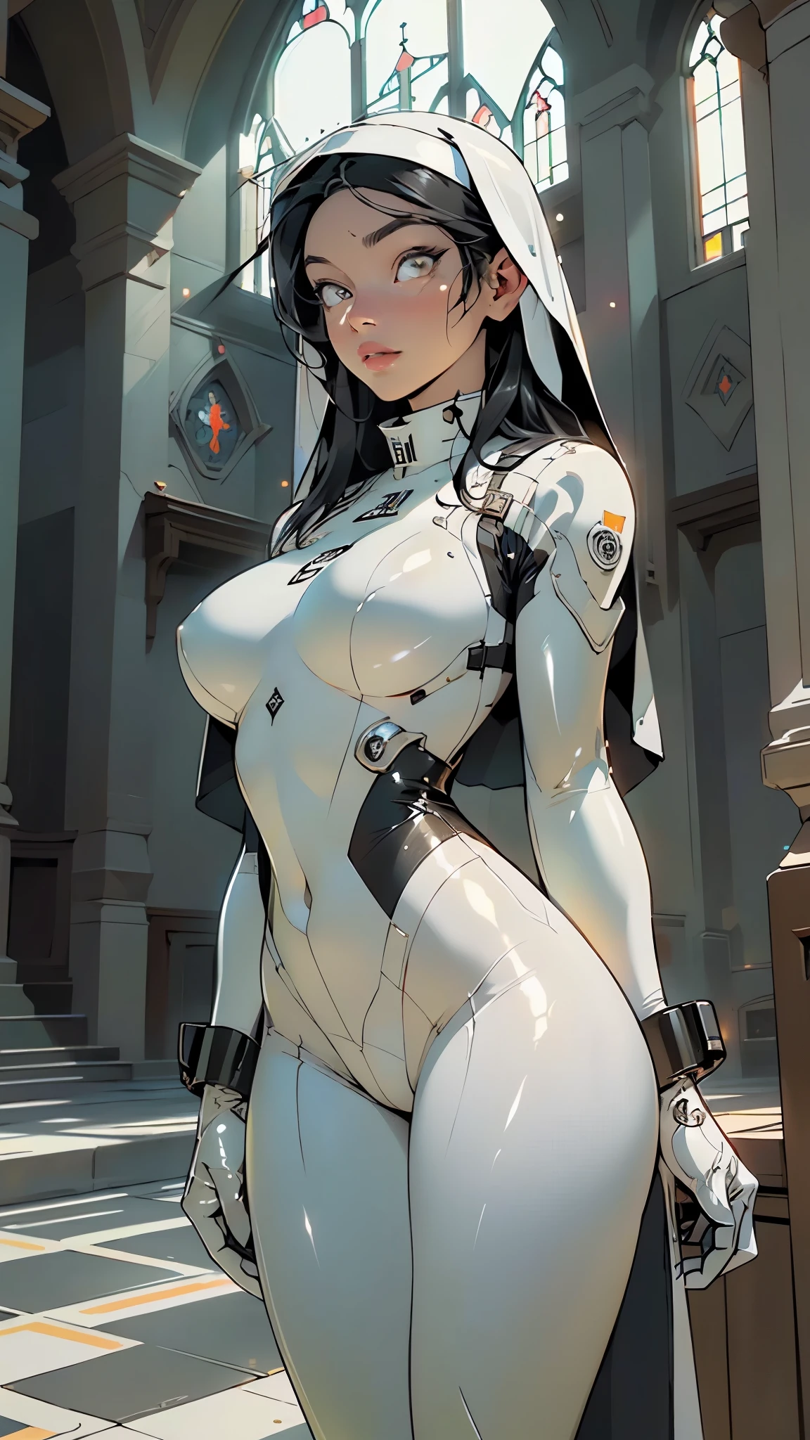 nun girl,(((1girl))),,
(large breasts:1.2),((((long hair,black hair)))),((white_eyes:1.5)),intricate eyes,beautiful detailed eyes,symmetrical eyes,Big eyes:1.5,((fat)),(((lustrous skin:1.5,bright skin: 1.5,skin tanned,shiny skin,very shiny skin,shiny body,plastic glitter skin,exaggerated shiny skin,illuminated skin))),(spider lower abdomen,narrow waist,wide hip,athletic body,inflated legs,thick thighs,detailed body,(detailed face)),
cute,slutty,seductive,erotic,(nsfw),
((nun)),((bodysuit, cross, black bodysuit, latex, latex bodysuit, white bodysuit, white latex)),
(dynamic pose:1.0),embarrassed,(centered,scale to fit dimensions,Rule of thirds),
((church,Huge floor-to-ceiling windows)),entrance lights through the windows,scenery:1.25,intricate scenery,((church background)),
(Glossy church ornaments),highres,sharp focus,(ultra detailed,extremely detailed),(photorealistic artwork:1.37),(extremely detailed CG unity 8k wallpaper),(((vibrant colors,vibrant theme))),(intricate),(masterpiece),(best quality),artistic photography,(photography taken by sldr),(intricate background),perfect rendered face,perfect face details,realistic face,photo realistic,((intricate detail)),(((realism))),