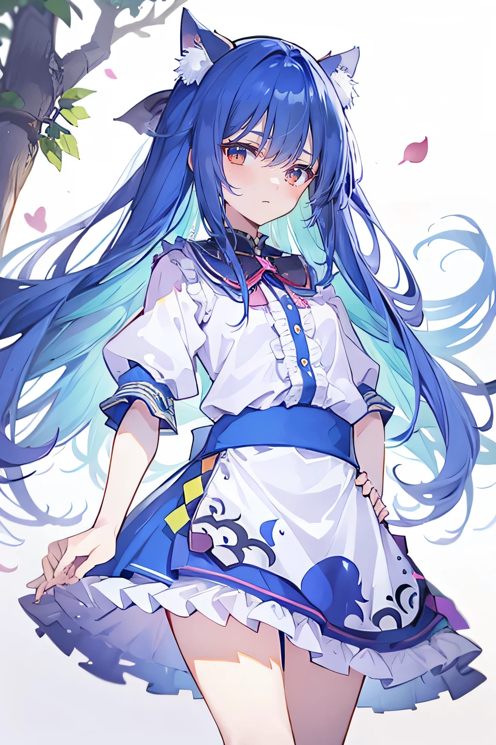 (masterpiece),best quality, expressive eyes, perfect face, 1girl,
Put your hands on your waist,fair, Gorgeous,Japanese cartoons,girl,lola,Hina Angel, blue hair, blue haired, floating clothes,Grab your waist, Grab your waist, hands on hips , hands on hips,sit, sit on ground, Legs on the ground, flat chest,cat ears,Petals fall,Sitting in the summerhouse,summerhouse,