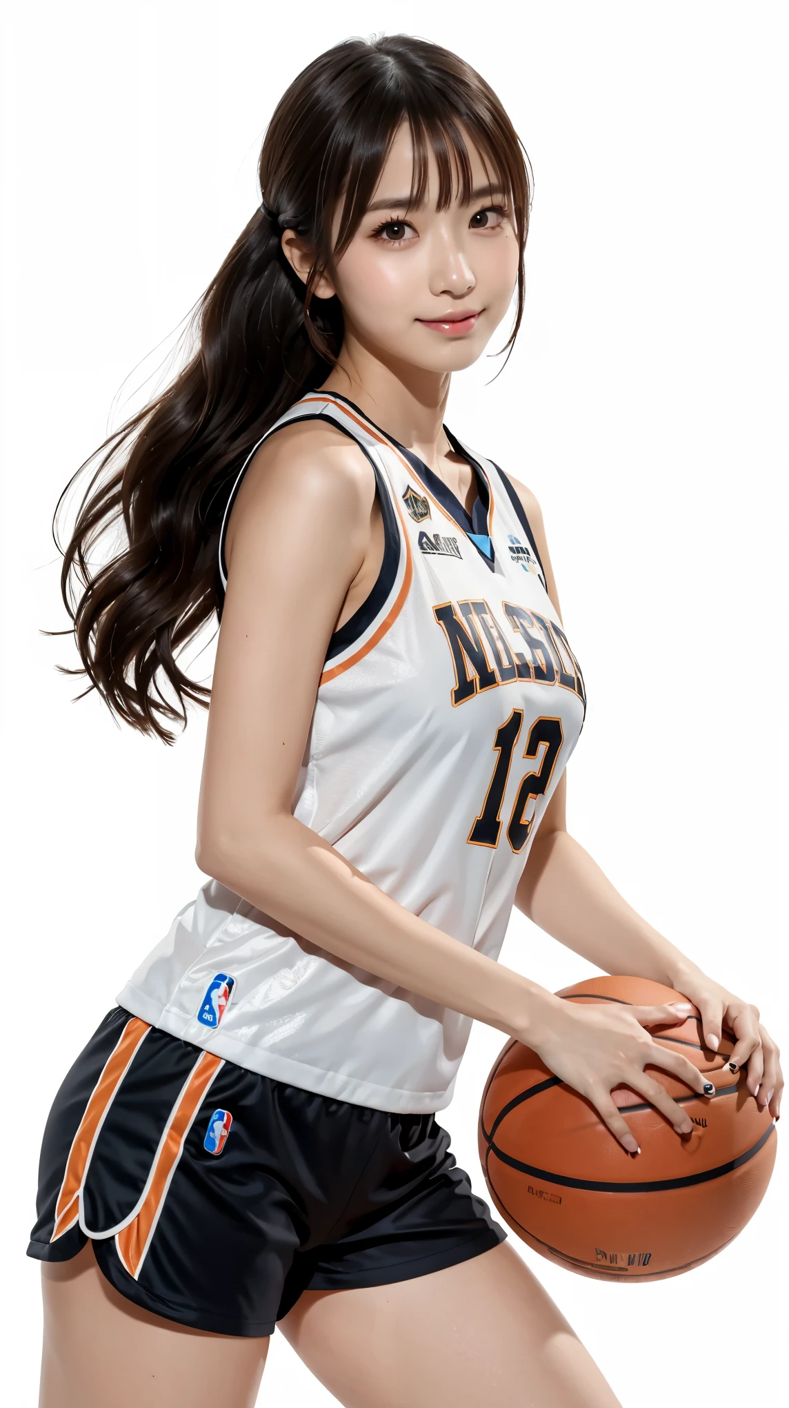 anna_girl, smile, Japanese_girl, 18 year old girl, (((basketball  uniform:1.1), ((micro shorts with fine stripes)), from below)), ultra realistic photo, Highly detailed face and skin texture, natural neck length, (Dark brown hair, wavy hair, high ponytail hair:1.2), standard body, ((small breasts)), symmetric clear eyes, cute eyes, BREAK, 
((simple white background:1.4)), full-body shot