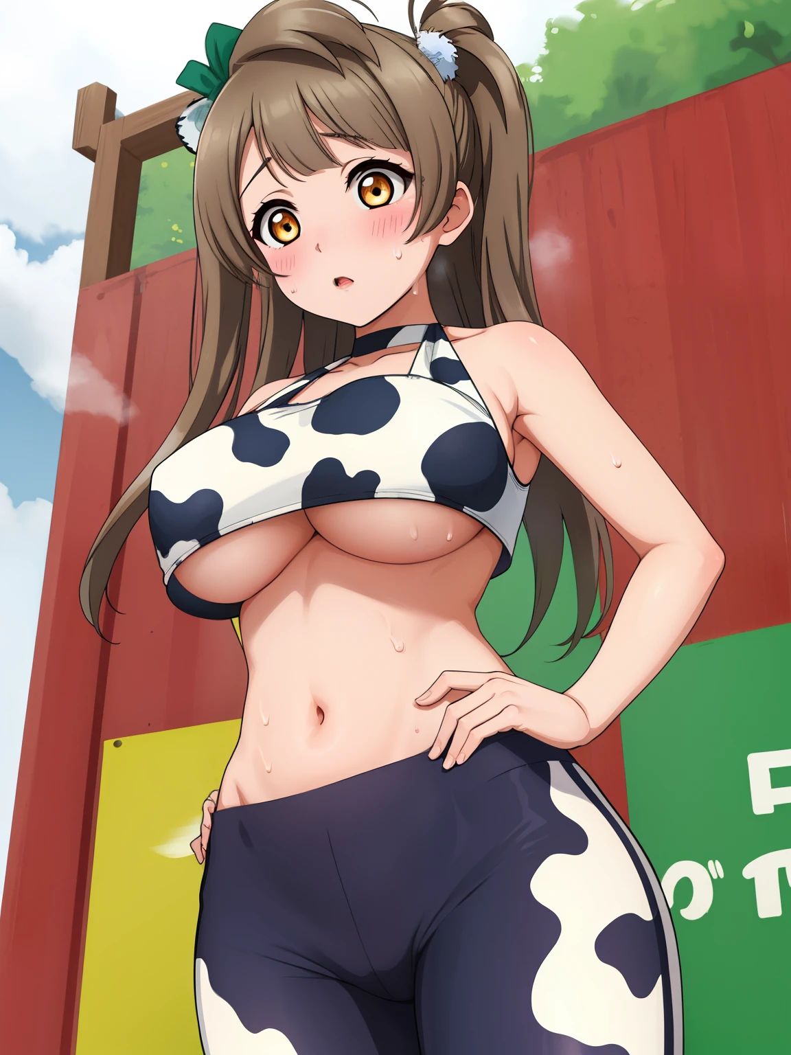 (tight crop top:1.3), halter neck,cow print, minami kotori , sweaty,in farm , underboobs ,pants