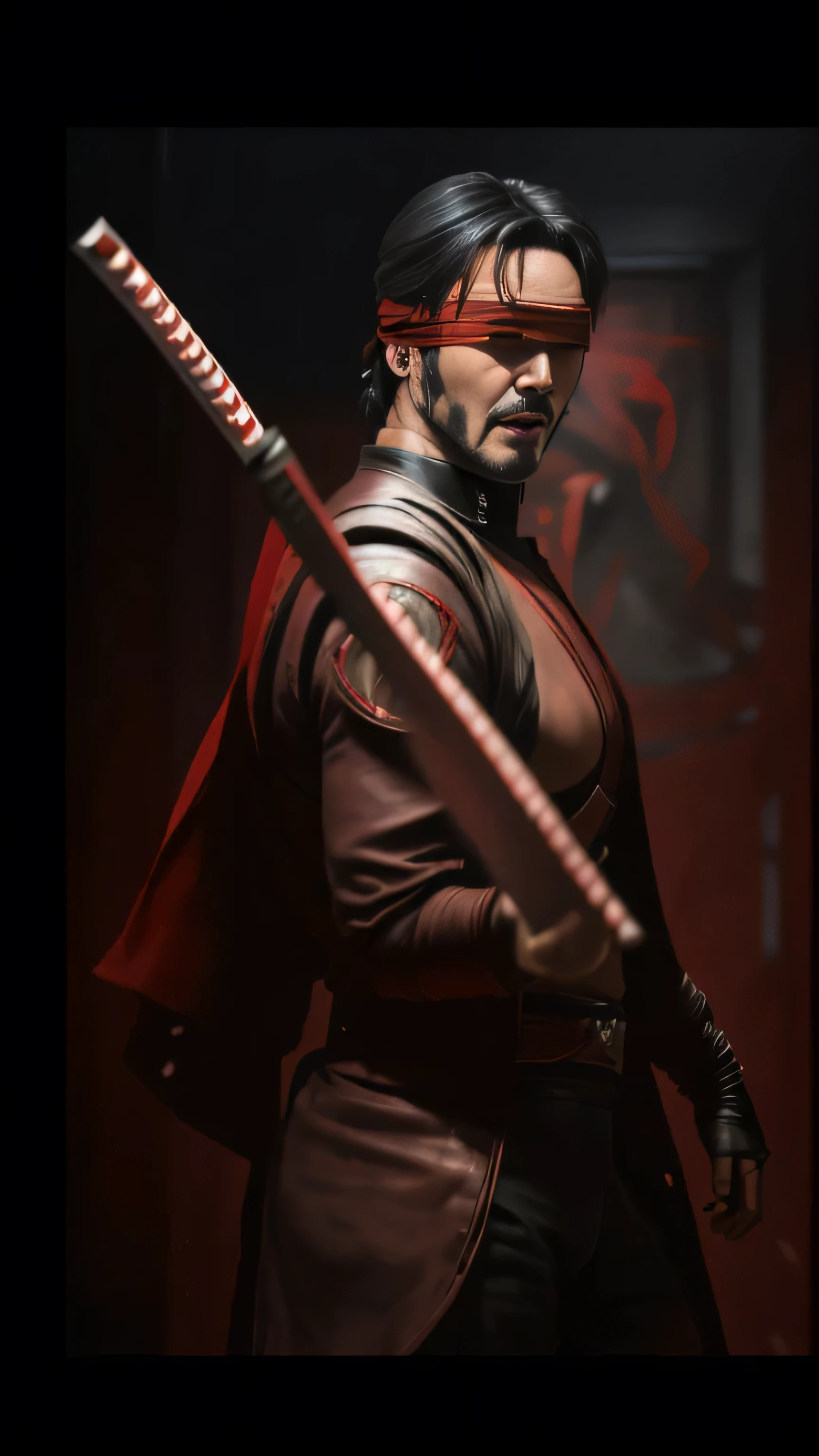 ((Keanu Reeves)) as Kenshi Takahashi from Mortal Kombat, ((red blindfold)), black ninja costume, katana, 1man, solo, full body view, intricate, high detail, sharp focus, dramatic, photorealistic painting art by greg rutkowski