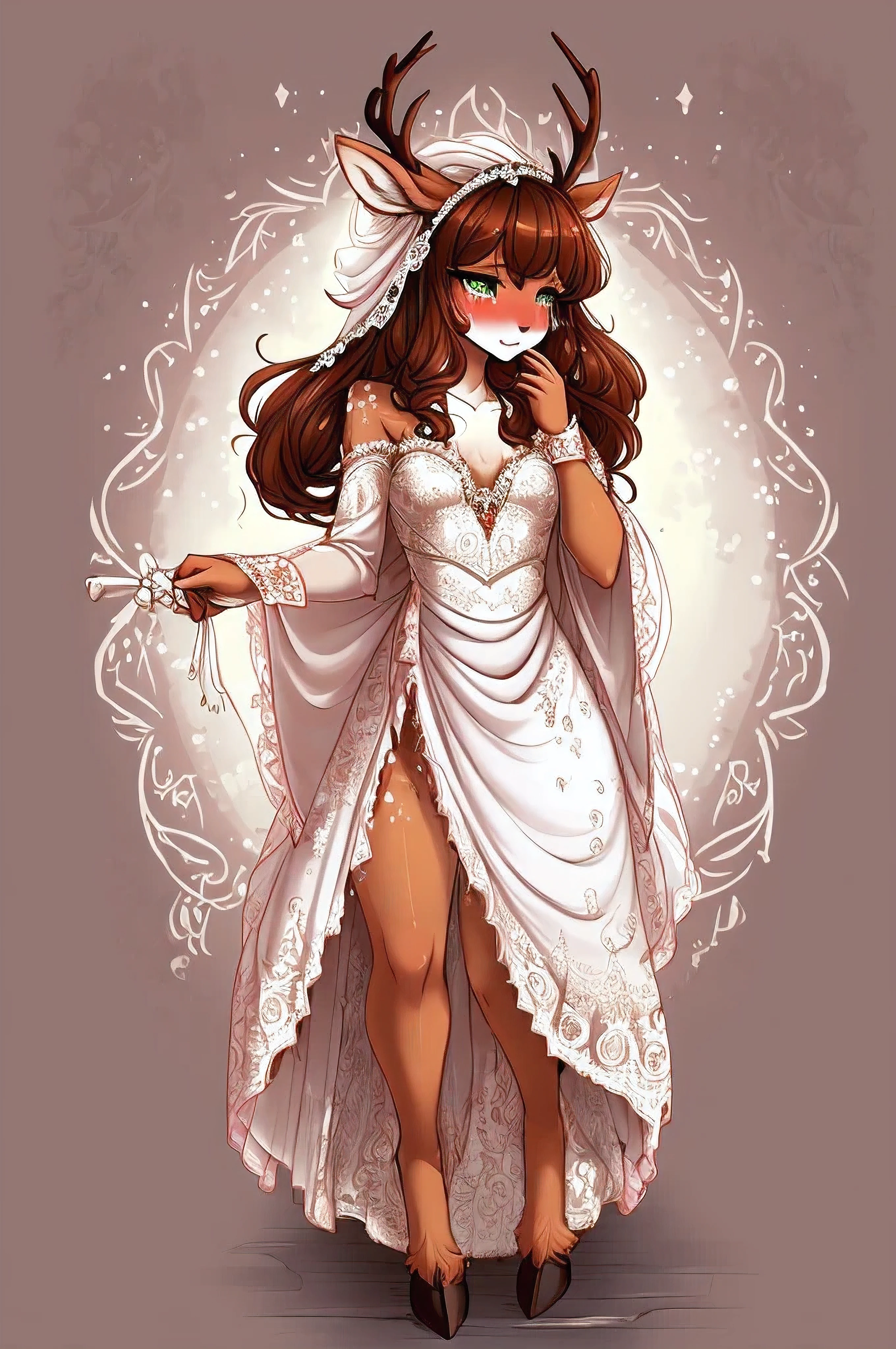 ((extremely detailed CG unity 8k wallpaper)), masterpiece, ultra-detailed, high resolution, nsfw, hentai, (deer girl, faun, anthro, small breasts, slender, , tiny, "absurdly long ornate brown hair with bangs tied low with a ribbon", green eyes, deer ears, princess, bride, wedding dress, white mage, ornate filigree circlet, long silk bridal veil, bridal gauntlets, white lace gloves, [[fluffy deer tail]], [[("ornate white gown with gold embroidery and long open detached sleeves")]], crying, orgasm, pleasure, masturbation, blush, beautiful, innocent, hooves, spotted fur, bare shoulders, deer tail, sex, vaginal penetration. A white lace wedding veil falls to her knees. White silk stockings adorn her legs, running from her thighs to where her hooves begin, and are attached with a garter. Her green eyes are gentle and soft. Her soft brown fur is speckled with white spots. Her white dress is lifted to reveal her ornate white panties, decorated with ribbons. The princess bride has been thrown into a writhing pit full of tentacles. Her arms are suspended over her head, bound by a slimy tentacle. She is hypnotized into submitting to the tentacle monster, violated and fucked under the gaze of a giant glowing eye. A single tentacle extends from the eye to brush against her cheek, forcing her to stare directly into the floating eye monster. More tentacles coil around her frail body, wrapping around her legs, arm, neck, and waist. A tentacle has penetrated her virgin vagina, tearing her hymen as it plunges into her untouched womanhood. Tentacle Sex, defloration, taking virginity, fucking, penetration, sex,