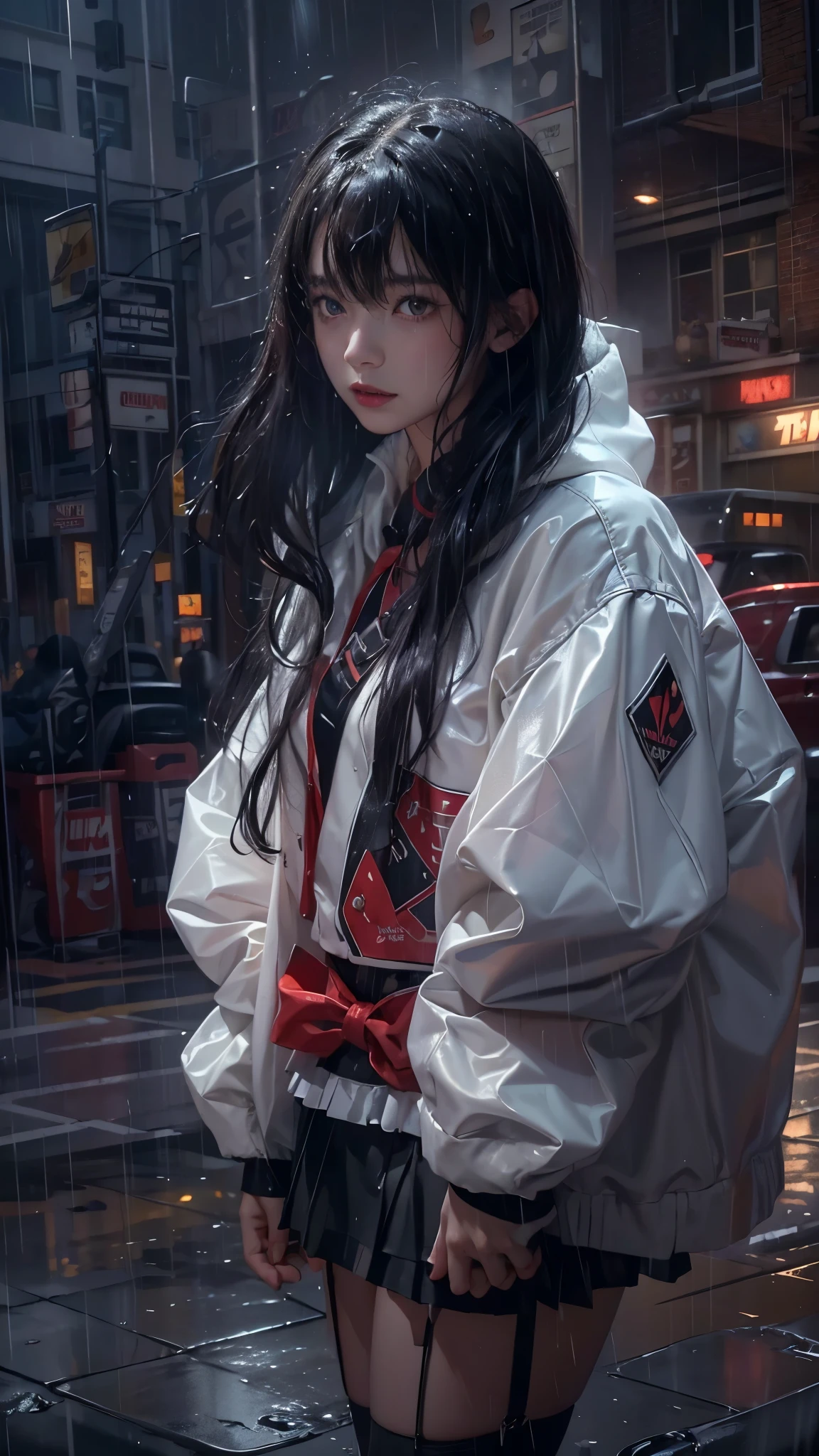 ((8k,masterpiece,best quality,Super detailed,Realistically)),extremely detailed face,Movie Lighting,Movie Lighting,Ray Tracing,Unlit Hair, On cloudy streets,Corner store,bus stop,rainstorm、heavy rain,Girl with long black hair and black eyes.。(She was wearing a red fur-trimmed hooded jacket,White top,Short black skirt and black garter belt,clothes soaked by rain,Black exposure,outdoor depth tent ),Cinema lens lighting
