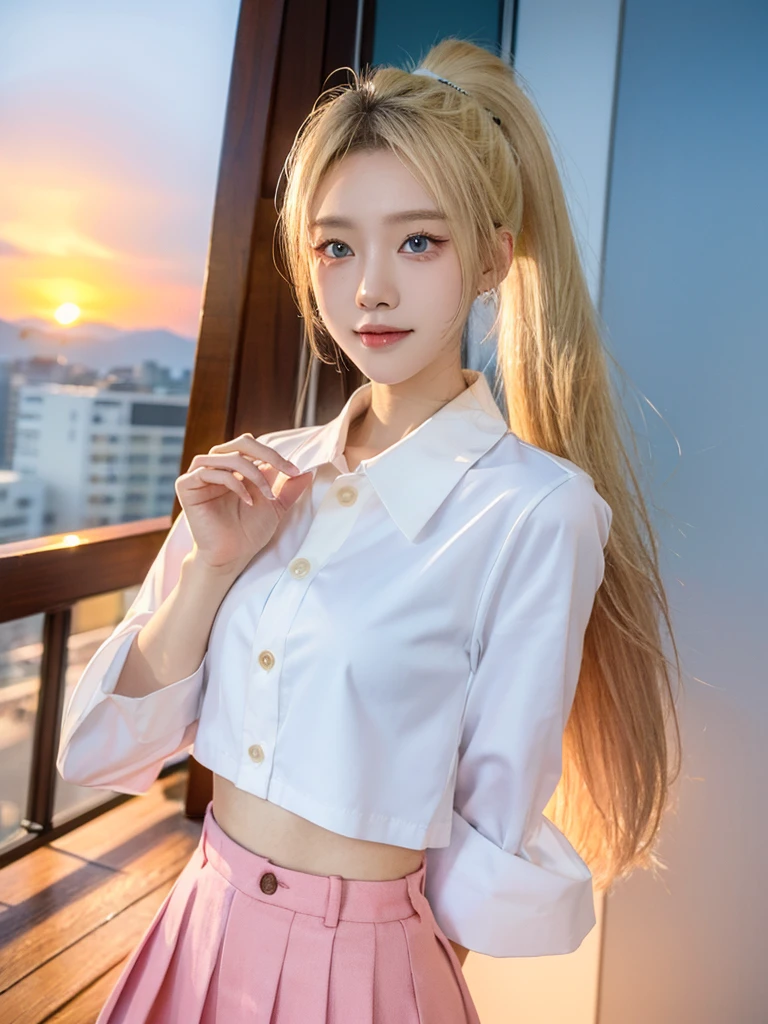 SFW picture, a Japanese high school student, 17 year old, long blonde hair in a ponytail, blue eyes, , white collared shirt, white button-up shirt, short-sleeved shirt, long pink skirt, smiling sweetly, Standing pose, at sunset view, 4k, ultra hd, ultra detail, full body photos