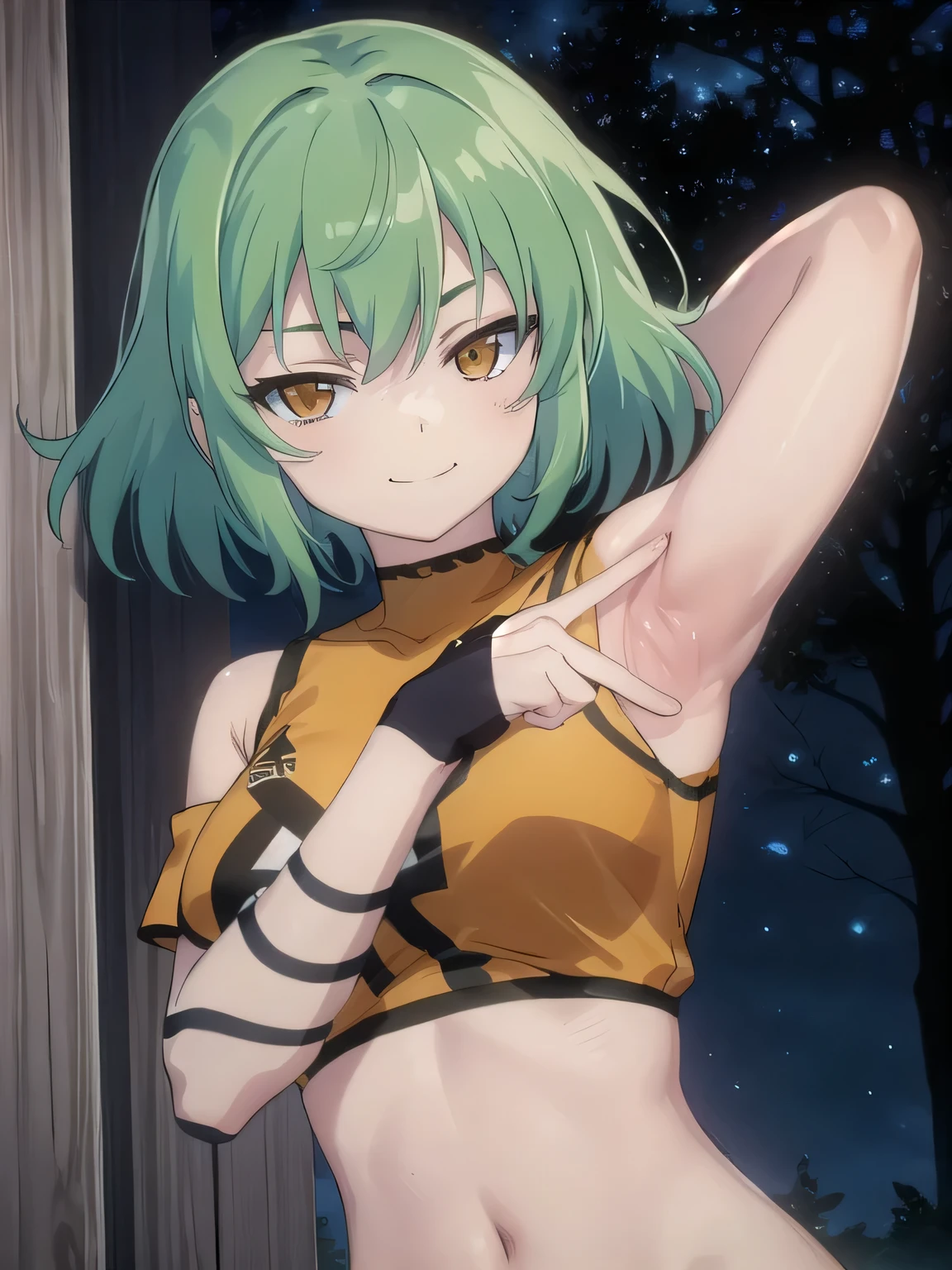 solo, 1girl, hikage, crop top, tattoo, off shoulder, looking at viewer, best quality, v-eyebrows, solo, night sky, forest, arms behind head, short hair, contrapposto, spread armpits, closed mouth, expressionless, upper body, smile,