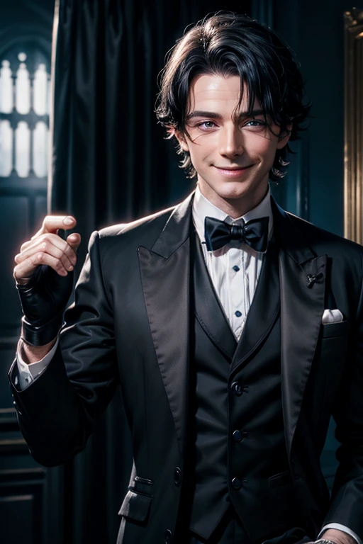 a mature irish butler with black hair, blue eyes, smiling lightly while reaching his hand, wearing a black suit with black gloves