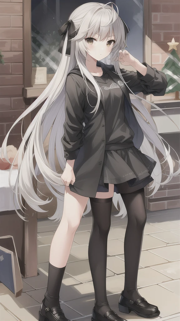 ((masterpiece:1.4, best quality)) ,Kasugano Sora,1 cool girl,Brown eyes,Plush Toys,Stuffed Animals,stuffed bunny,,Happy,eternity，Black socks，Jane Shoes，Black jacket with white T-shirt，long black scarf，Christmas，Christmas Star