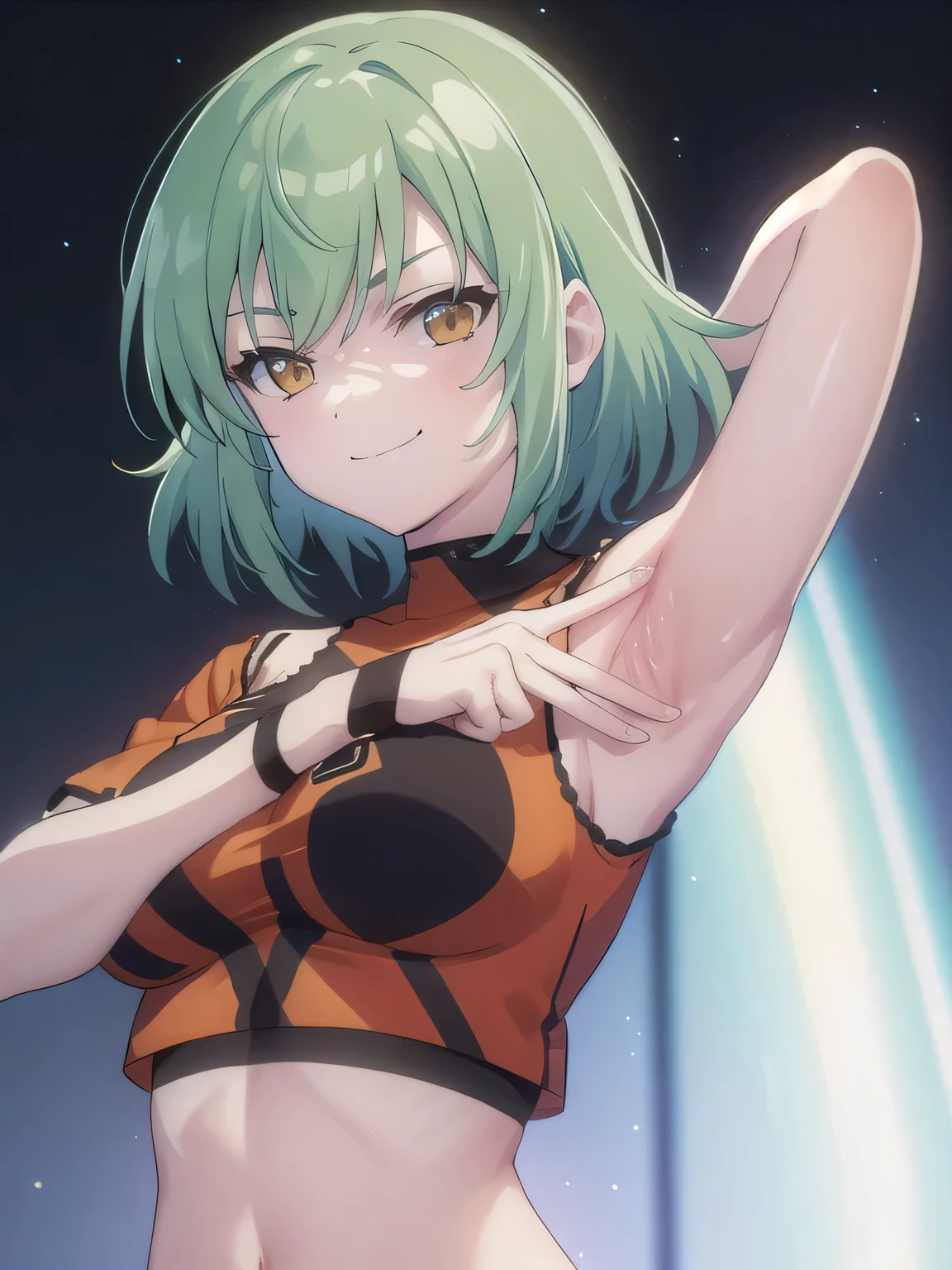  solo, 1girl, hikage, crop top, tattoo, off shoulder, looking at viewer, best quality, v-eyebrows, solo, night sky, forest, arms behind head, short hair, contrapposto, spread armpits, closed mouth, expressionless, upper body, smile,