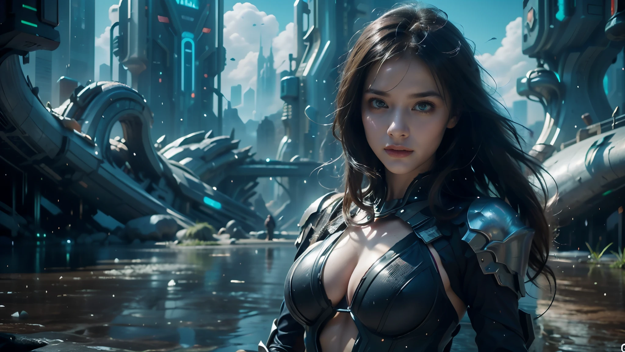 masterpiece,best quality,high resolution,8k,(Portrait Photos:1.5),(R Original Photo),real picture,Digital Photography,(Combination of cyberpunk and fantasy style),(individual),20-year-old girl,Random Hairstyle,Cyberpunk City,Purple Eyes,By Bangs,(red eye breasts, Accessories,Closed mouth,Elegant and charming,Serious and arrogant,Calm and handsome,(Cyberpunk combined with fantasy style clothing,hollow-carved design,Large Breasts,Joint Armor,Photo poses,Realistic style,Gray World Background,oc render reflection texture,,futuristic city,Medium distance photography