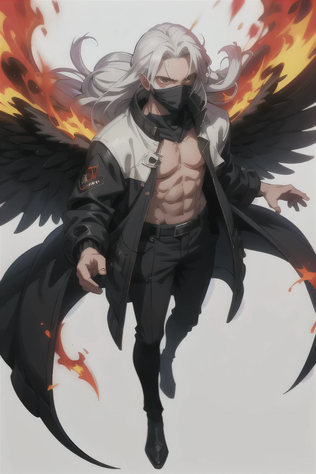 man, 2d, anime, red eyes, long white hair, big black wings, reddish eyes inside a big iron cleam mask, black jacket, fire on the back, burning background, without showing skin, full body clothing, black guy