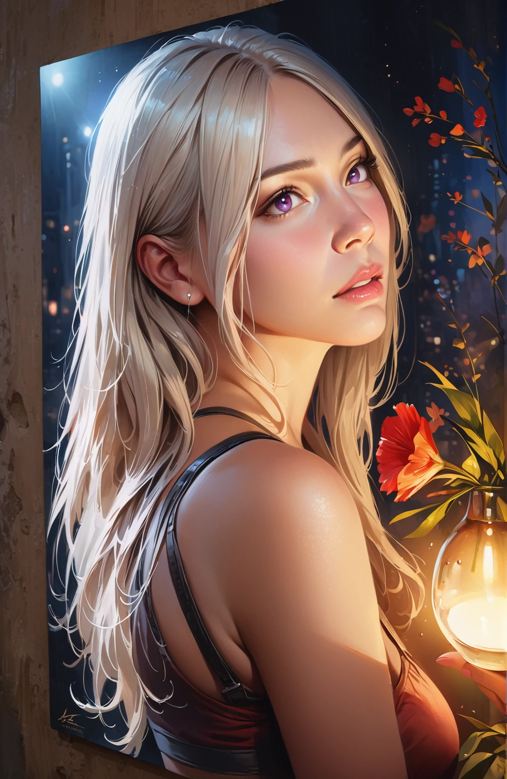 (highest quality,4K,8k,High resolution,masterpiece:1.2),Very detailed,(Realistic,photoRealistic,photo-Realistic:1.37),oil,Beautiful fine details,beautiful lip detail,Long eyelashes,Purple eyes,Girl with long white hair,Blushing,wearing crop tops and skirts,Night view,moonlight,Flowers,Shining Eyes,sunlight