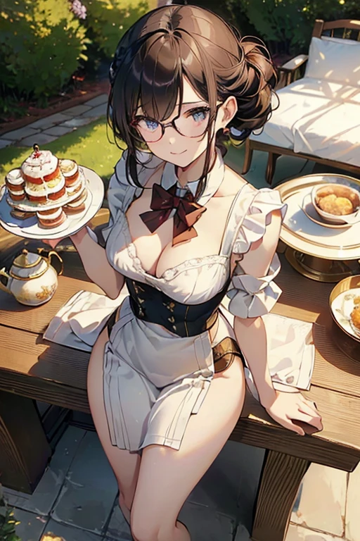 (best quality, masterpiece), (ultra high resolution, 8K RAW photo, photo realistics:1.5, textile shading, thin outline, clear focus:1.2), Beautuful Matured woman preparing tea-time in the garden, standing by the round table, (tea set, tea pot, tea cups, some cakes on dish), classy art deco style table, wearing light_brown maid uniform, breast cleavage, maid costume:1.2, long flare skirts, apron, bow ties on thechest, long tall sally, long legs, long white hair, (wearing thin-flame glasses:1.2), (milf:1.5, 28 years old, solo), (large breast, sagging breast, big tits, narrow waist), (medium short white hair, hair over one eye, (updo hair:1.2), side lock, asymmetric hair, wavy hair), (bright pupils, detailed eyes, high detailed face, Perfect face shape, eye rush), (seductitve smiling, half-closing eyes), (looking at viewers:1.3), (dynamic angle, full body, from above:1.2), ((correct anatomy:1.5, correct hands)), (ideal ratio of body proportions), (outdoor:1.2, grass field),