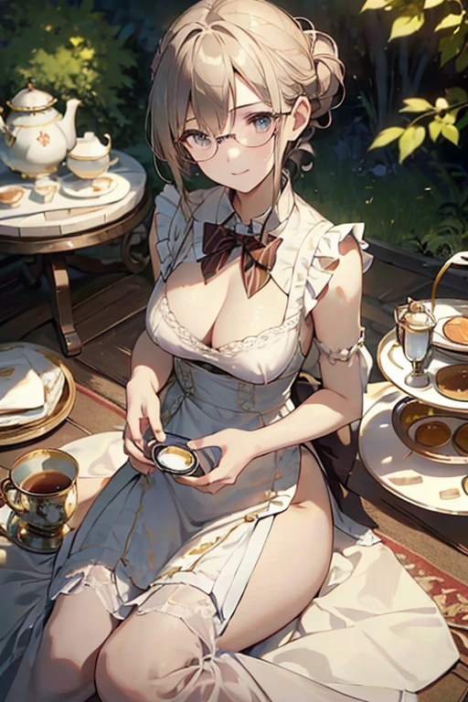 (best quality, masterpiece), (ultra high resolution, 8K RAW photo, photo realistics:1.5, textile shading, thin outline, clear focus:1.2), Beautuful Matured woman preparing tea-time in the garden, standing by the round table, (tea set, tea pot, tea cups, some cakes on dish), classy art deco style table, wearing light_brown maid uniform, breast cleavage, maid costume:1.2, long flare skirts, apron, bow ties on thechest, long tall sally, long legs, long white hair, (wearing thin-flame glasses:1.2), (milf:1.5, 28 years old, solo), (large breast, sagging breast, big tits, narrow waist), (medium short white hair, hair over one eye, (updo hair:1.2), side lock, asymmetric hair, wavy hair), (bright pupils, detailed eyes, high detailed face, Perfect face shape, eye rush), (seductitve smiling, half-closing eyes), (looking at viewers:1.3), (dynamic angle, full body, from above:1.2), ((correct anatomy:1.5, correct hands)), (ideal ratio of body proportions), (outdoor:1.2, grass field),
