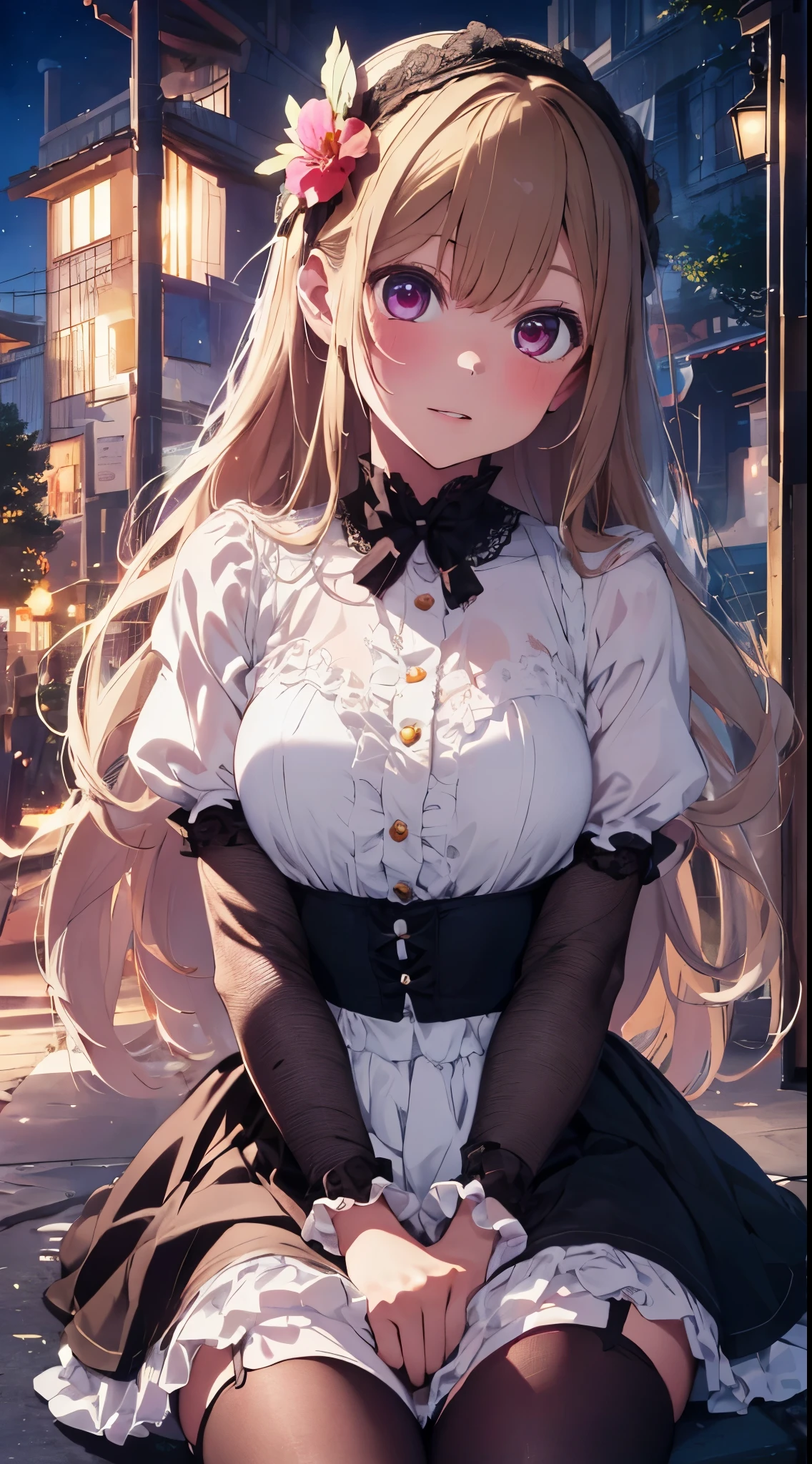 ((night, realistic light, best quality, 8k, masterpiece: 1)), hyperrealistic, anatomical, masterpiece, best illustration, very delicate and beautiful, very elaborate, gothic lolita ruffle headdress, bow, hair ornament, hair flower, black fishnet_pantyhose, garter straps, lace, cross lace footwear, ruffled blouse ribbon trimming sleeves, 1girl sunlight, Best Quality, High Detail, Faint Lips, UC: Real and Cute Anime Face, Cinematic Lighting Rose Garden Tarot, +++ Best Quality, High Detail, Anime Coloring Game CG Contrapost hiqcgbody++ Faint Lips, UC: Real and Cute Anime Face Cinematic Angle Girl Front Single Focus Dynamic Pose, Miracle Moments of Life, Fantastic visual depiction, professional effect, 13age, beautiful girl,