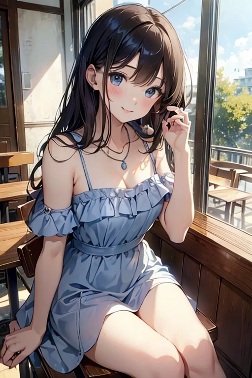 (higher resolution, distinct_image) The best quality, a woman, masterpiece, highly detailed, semi realistic, 26 years old, beautiful, young, handsome, interlaced white blue dress, small gem necklace on neck, exterior, cafe seat, window, sitting, afternoon, blush, smiling