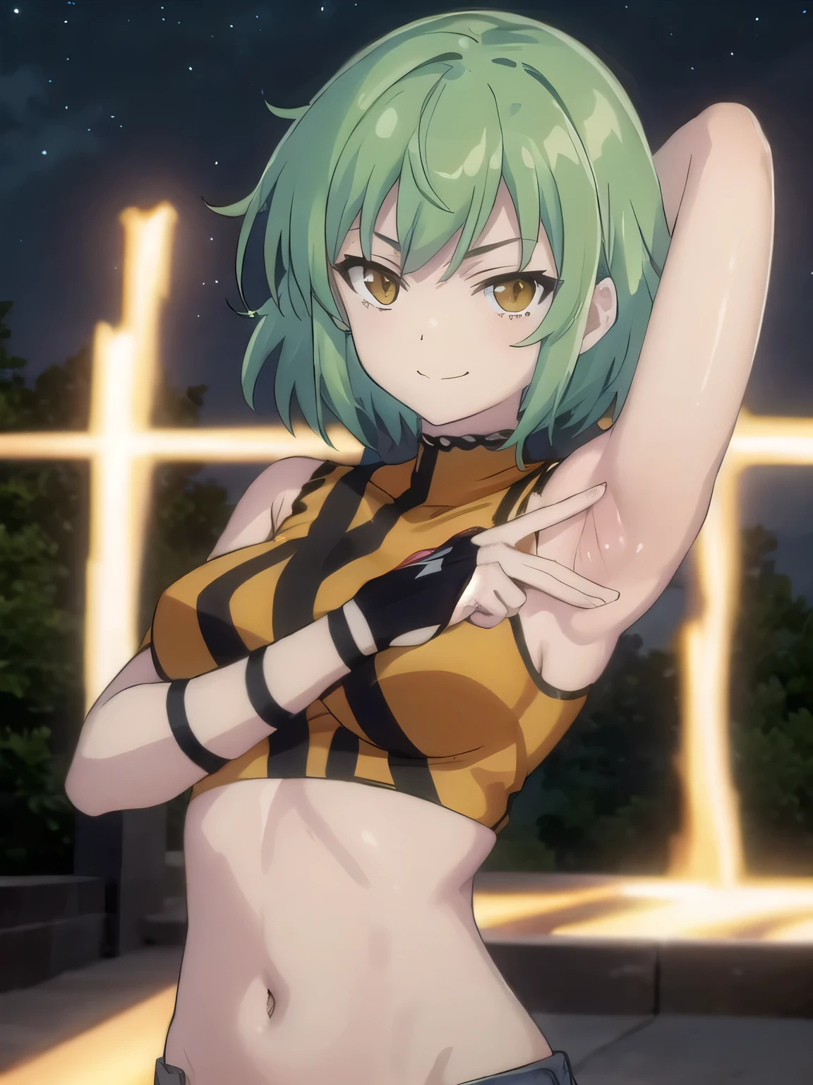  solo, 1girl, hikage, crop top, tattoo, off shoulder, looking at viewer, best quality, v-eyebrows, solo, night sky, forest, arms behind head, short hair, contrapposto, spread armpits, closed mouth, expressionless, upper body, smile,