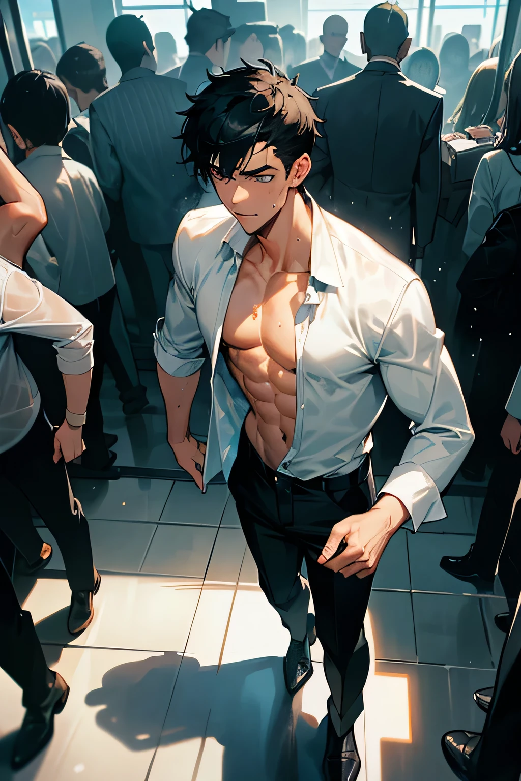 shirtless handsome manly short black hair caucasian male in open white long-sleeved shirt, the shirt is untucked, the shirt is sweat-drenched, soaking wet, drenched with sweat, black pants, black leather shoes, sweating profusely, exhausted, panting, walking inside the train station, the train station is crowded with people and passengers
