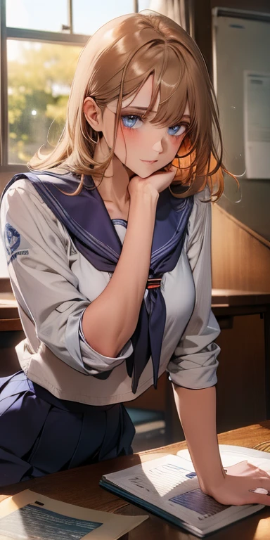 Blue-orange curls are curved inward,,There is a strong sense of freshness and freshness,girl with,((serafuku)), hands on one's face, Elbows on the desk, Sit up, Classroom, sunlights, window, see the beholder, Face in Love, I can see the cleavage:1.2, The finest beige underwear, Best Quality,Ultra-detailed, High resolution, extremely details CG, Unity 8k wallpaper, Caustics, textile shading, super detailed skin, Perfect Anatomy, Detailed, Cinematic lighting, Dynamic lighting, Beautiful detailed eyes, (top-quality), (ultra-detailliert), (masuter piece), (hight resolution), (Original), Character Design, Game CG, Detailed Manga Illustration, Realistic head-to-body size ratio:1.2