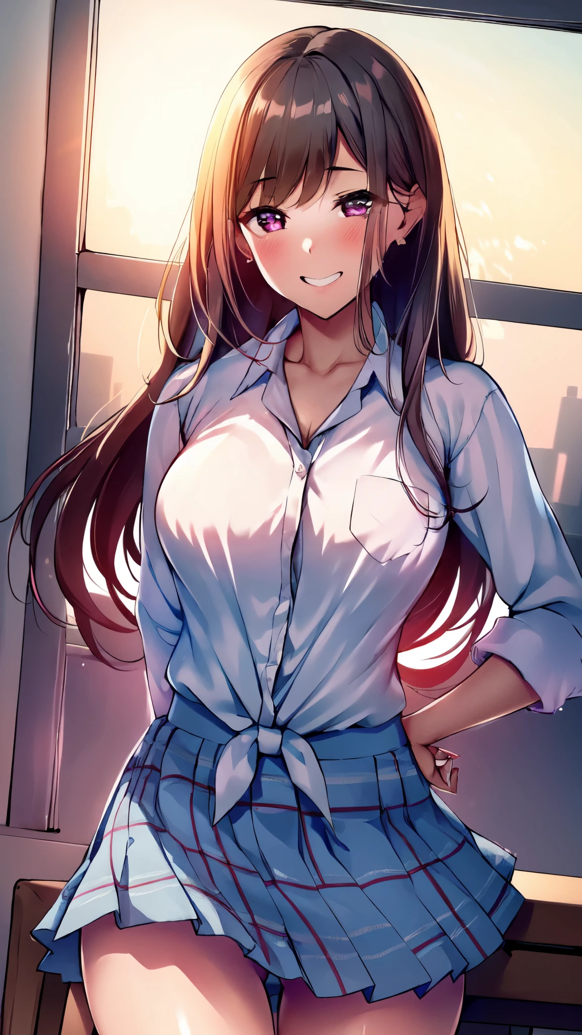 (best quality,4k,highres:1.2),ultra-detailed,(realistic:1.37),teen,very bright and clear color,Marin Kitagawa - My Dress-Up Darling,ass,in skirt school,school desk,pink,big camel toe,detailed eyes,detailed lips,happy expression,long hair,dark brown hair,cute smile,shiny cheeks,flower pattern on the skirt,ribbon in the hair,feminine pose,girly atmosphere,playful expression,book on the desk,stationery,tidy classroom,vivid colors,soft lighting