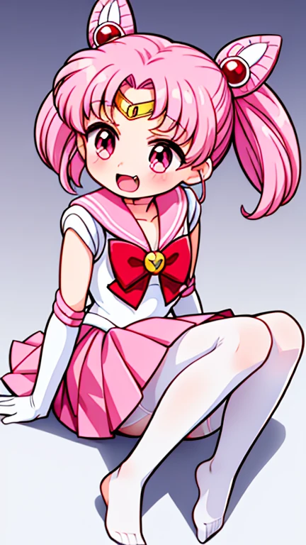 Sailor Moon，young年，，cute，（Little Loli），Pink hair twintails，short hair，Sailor Suit，Red bow，White elbow gloves，Red Skirt，No shoes，Open your mouth，laughing out loud，Fangs，(White pantyhose),soles of feet，Soles，(young)，(little man)，sit