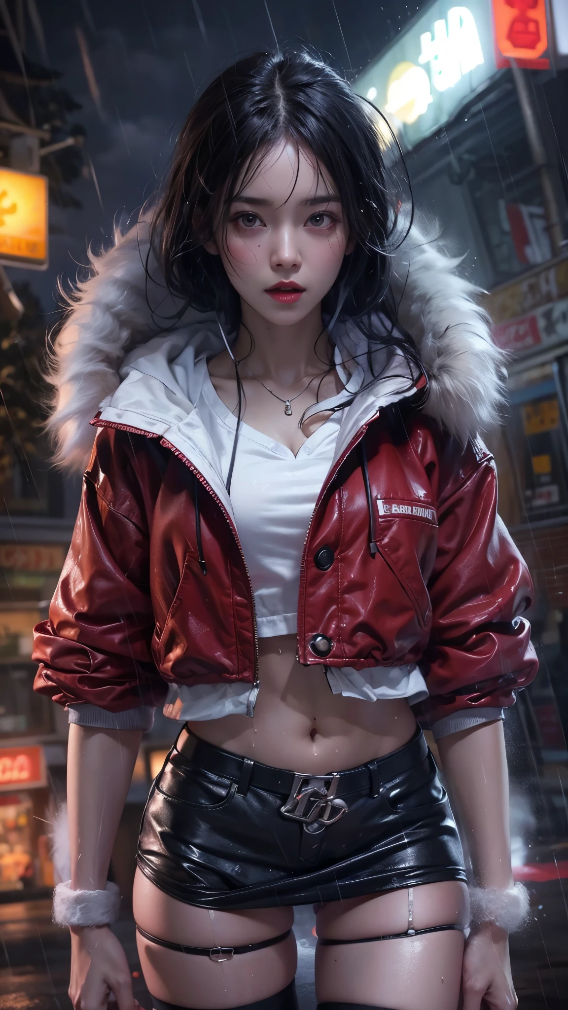 ((8k，masterpiece，best quality，Super detailed，Realistically))，extremely detailed face，Movie Lighting，Movie Lighting，Ray Tracing，Unlit Hair， On cloudy streets，Corner store，bus stop，rainstorm、heavy rain，Girl with long black hair and black eyes.。(She was wearing a red fur-trimmed hooded jacket，White top，Short black skirt and black garter belt，clothes soaked by rain，Black exposure，outdoor depth tent ），Cinema lens lighting