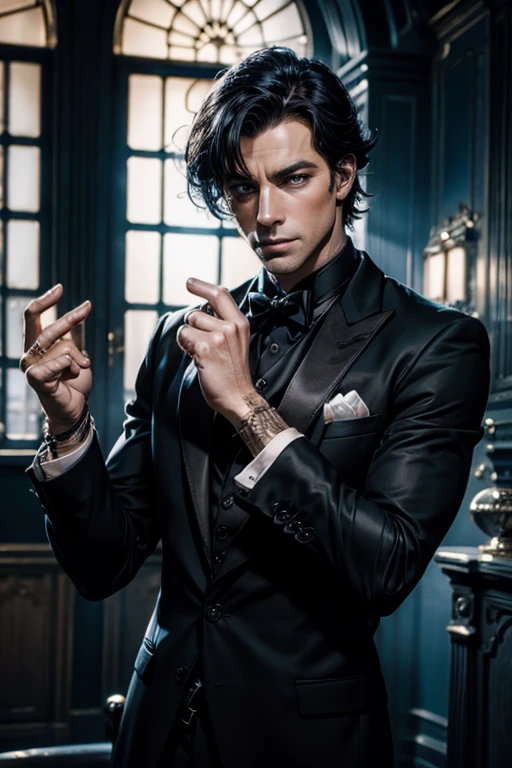 a mature irish butler with black hair, blue eyes, reaching his hand, wearing a black suit with black gloves