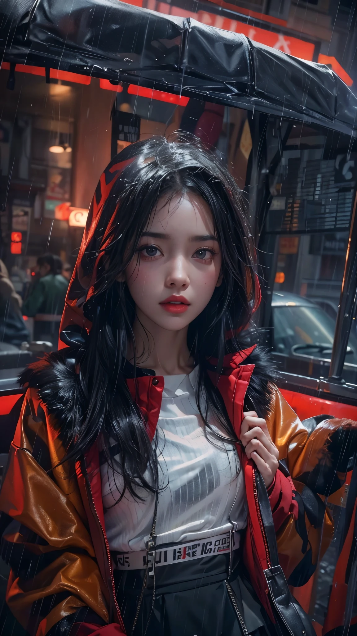 ((8k，masterpiece，best quality，Super detailed，Realistically))，extremely detailed face，Movie Lighting，Movie Lighting，Ray Tracing，Unlit Hair， On cloudy streets，Corner store，bus stop，rainstorm、heavy rain，Girl with long black hair and black eyes.。(She was wearing a red fur-trimmed hooded jacket，White top，Short black skirt and black garter belt，clothes soaked by rain，Black exposure，outdoor depth tent ），Cinema lens lighting