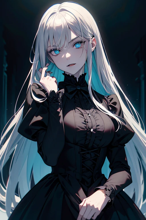 Victorian vampire award-winning RAW color photo of the night ominous dark omen, mist, moonlight, Vivid and charming eyes, Pale skin, (Long light cyan hair)+Silver Eyes, Shallow and deep, High contrast, Backlight, Bloom, Chromatic Aberration, Smooth, Sharp focus, Shoot with a mirrorless camera,Fangs