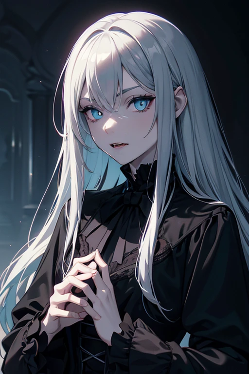 Victorian vampire award-winning RAW color photo of the night ominous dark omen, mist, moonlight, Vivid and charming eyes, Pale skin, (Long light cyan hair)+Silver Eyes, Shallow and deep, High contrast, Backlight, Bloom, Chromatic Aberration, Smooth, Sharp focus, Shoot with a mirrorless camera,Fangs