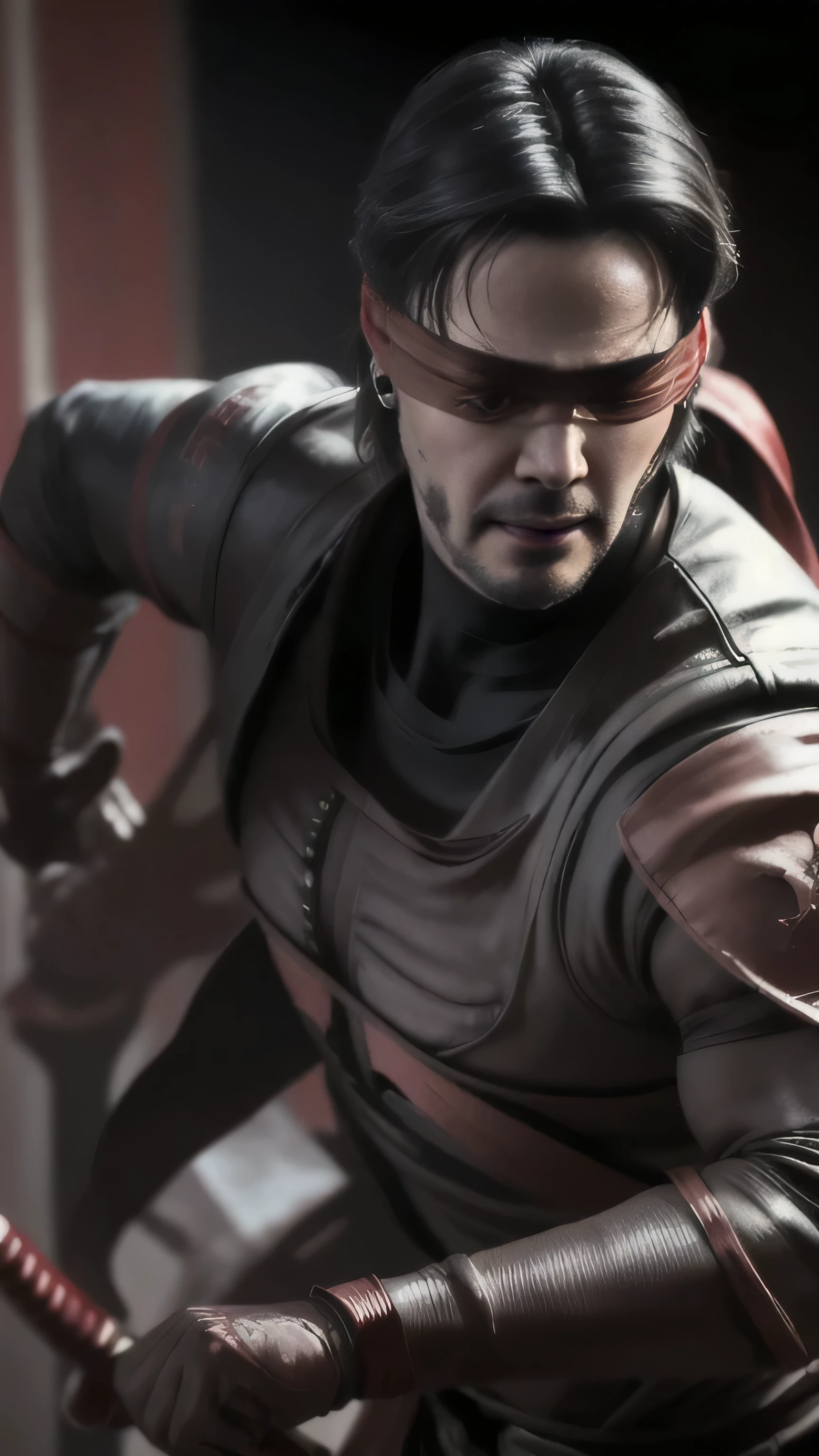 ((Keanu Reeves)) as Kenshi Takahashi from Mortal Kombat, ((red blindfold)), black ninja costume, katana, 1man, solo, full body view, intricate, high detail, sharp focus, dramatic, photorealistic painting art by greg rutkowski