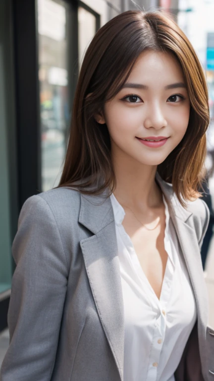 (Highly detailed CG Unity 8K wallpaper, highest quality, super detailed, look at the camera:1.2, light shines on your face:1.5, gray background, professional lighting), 26-year-old Japanese female, upper body composition with her face well-lit. She has an oval face, soft arched eyebrows, bright expressive eyes, a well-defined nose, and a friendly smile. Her hair is shoulder-length, straight, and dyed a light chestnut brown. She's wearing a smart-casual blouse, possibly in a soft color, complemented by a chic blazer, embodying her lively and sociable personality, on the Street.