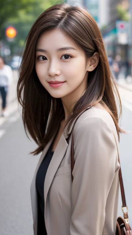 (Highly detailed CG Unity 8K wallpaper, highest quality, super detailed, look at the camera:1.2, light shines on your face:1.5, gray background, professional lighting), 26-year-old Japanese female, upper body composition with her face well-lit. She has an oval face, soft arched eyebrows, bright expressive eyes, a well-defined nose, and a friendly smile. Her hair is shoulder-length, straight, and dyed a light chestnut brown. She's wearing a smart-casual blouse, possibly in a soft color, complemented by a chic blazer, embodying her lively and sociable personality, on the Street.