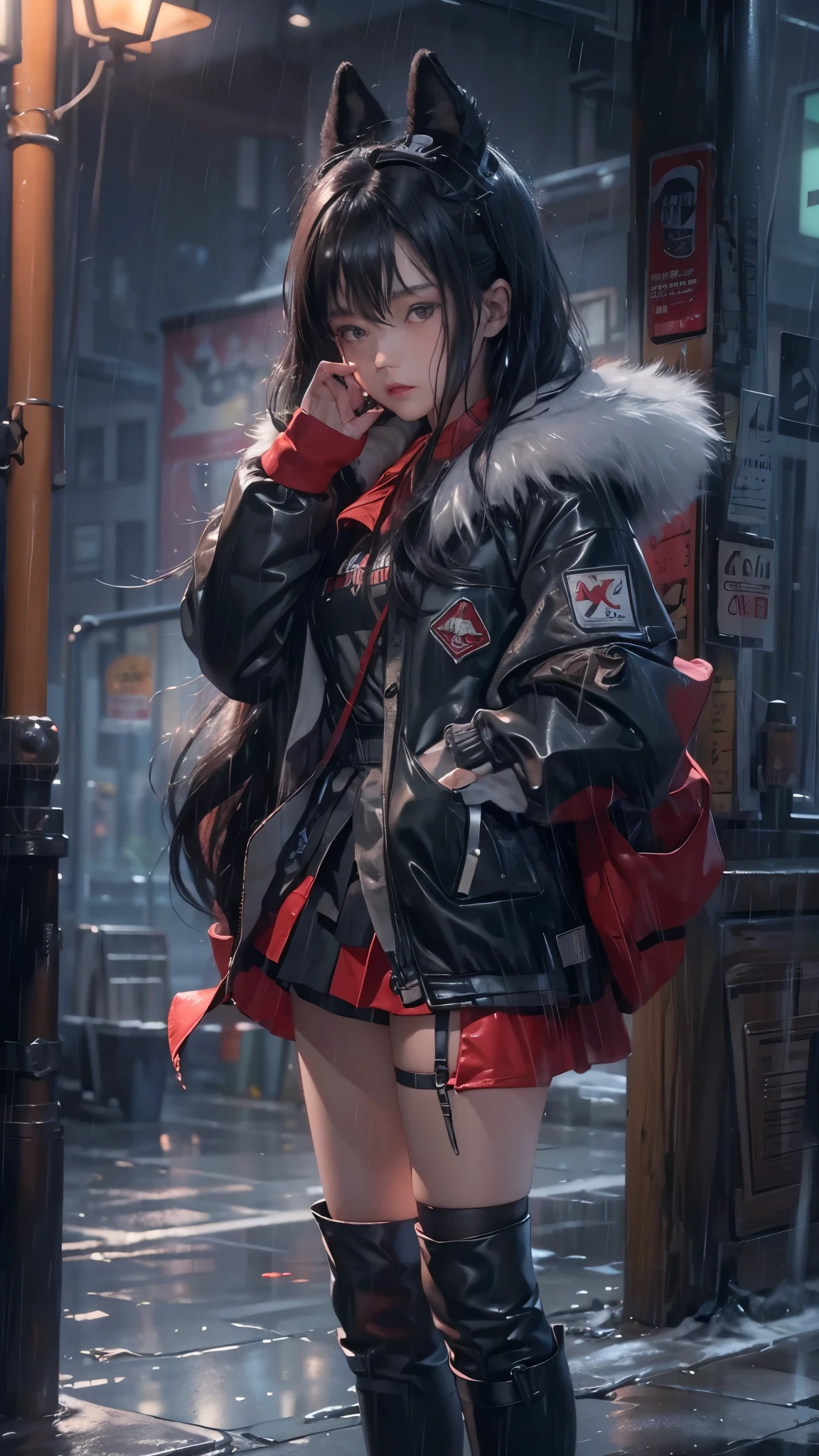 ((8k,masterpiece,best quality,Super detailed,Realistically)),extremely detailed face,Movie Lighting,Movie Lighting,Ray Tracing,Unlit Hair, On cloudy streets,Corner store,bus stop,rainstorm、heavy rain,Girl with long black hair and black eyes.。(She was wearing a red fur-trimmed hooded jacket,White top,Short black skirt and black garter belt,clothes soaked by rain,Black exposure,outdoor depth tent ),Cinema lens lighting