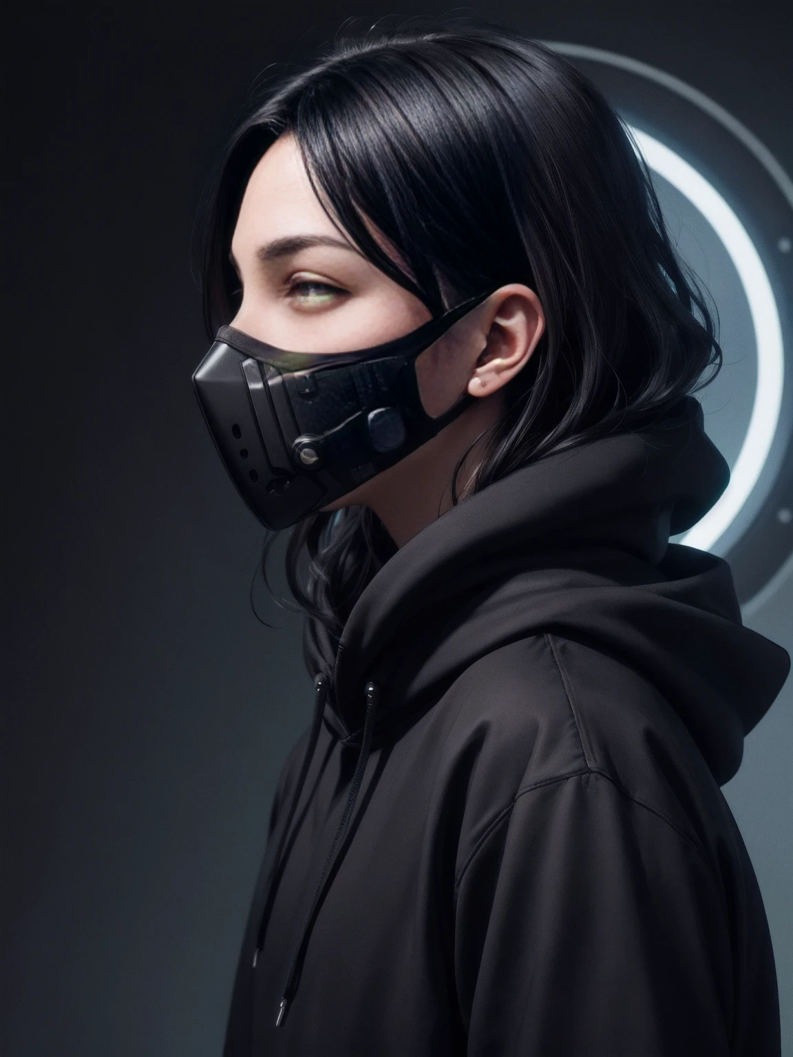 ((best quality)), ((masterpiece)), (detailed), perfect face, medium wavy black hair color, sharp eyes, black eyeballs, cyberpunk masker, black hoodie color, profile picture, dark light background. 