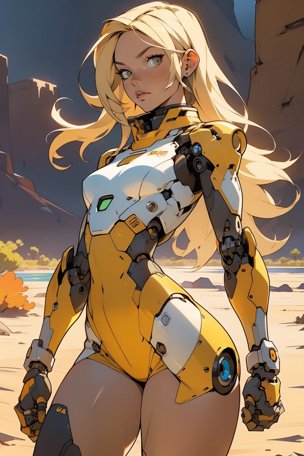 high quality, 4k, masterpiece, beautiful, cyborg girl, cowboy shot, dull eyes, front, looking at viewer, long blonde hair, girl, small breasts, fit thighs, robotic arms, robotic body, cyborg body, white & yellow uniform, orange accent, intricate detail, joint, detailed lines, robotic detail, holding fist up, holding hand up as fist, color robotic parts, robotic parts with color, perfect fingers, on a desert planet, sunny background, colorful desert, a river or a lake in the background, slender thighs, skinny thighs, thin thighs