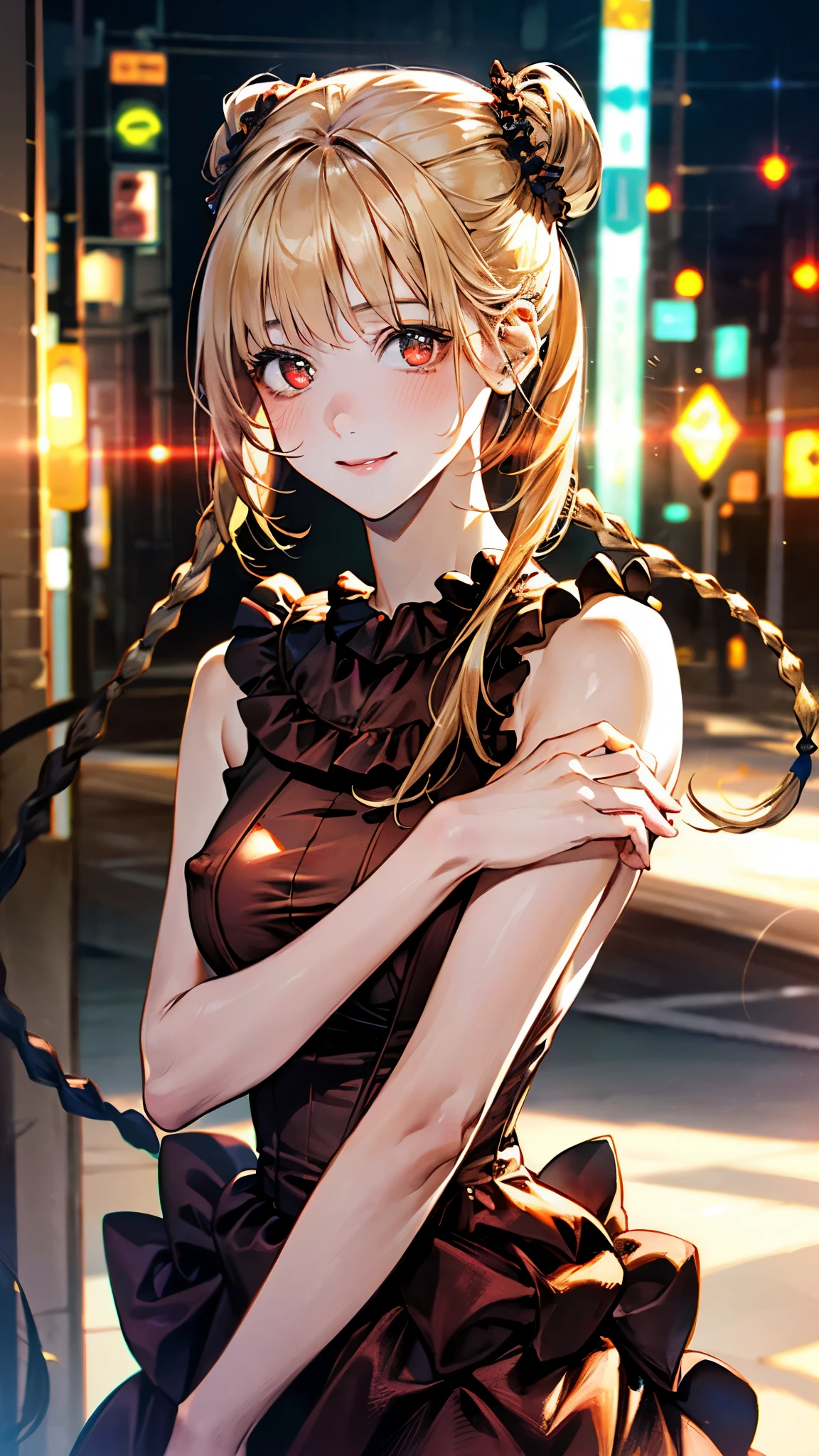 (masterpiece:1.3, top-quality, ultra high res, ultra detailed), (realistic, photorealistic:1.4), beautiful illustration, perfect lighting, natural lighting, colorful, depth of fields, surrealism,
beautiful detailed hair, beautiful detailed face, beautiful detailed eyes, beautiful clavicle, beautiful body, beautiful chest, beautiful thigh, beautiful legs, beautiful hands, white skin, shiny skin,
looking at viewer, (upper body), cowboy shot, 1 girl, cyberpunk girl, (perfect anatomy, anatomically correct), cute and symmetrical face, face, perfect face, perfect eyes, (slim body),
(long hair:1.8, twin-tailed, blonde hair), braids, hairline, brown eyes, radiant eyes, scarlet eyes, long eye lasher, (large breasts, seductive thighs), sheer nipples, sheer breasts,
((toppless, dark red dress)),
(beautiful scenery), summer, evening, (cityscape), (versatile sexy poses), , (lovely smile, upper eyes),