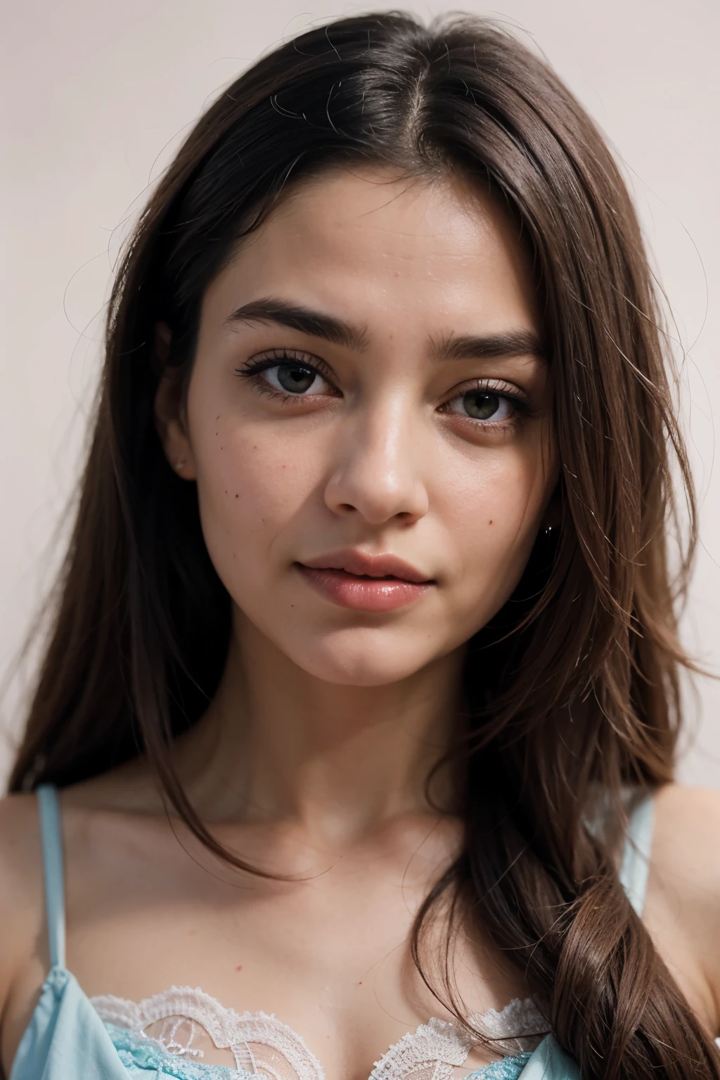 a close up of a woman in a pink dress and a blue background, closeup - view, above view, ethnic, face, powerful detail, joyful look, close up half body shot, closeup portrait shot, subtle details, close up details, close - up view, close-up view, innocent look, highest detail, wearing intricate, full of details