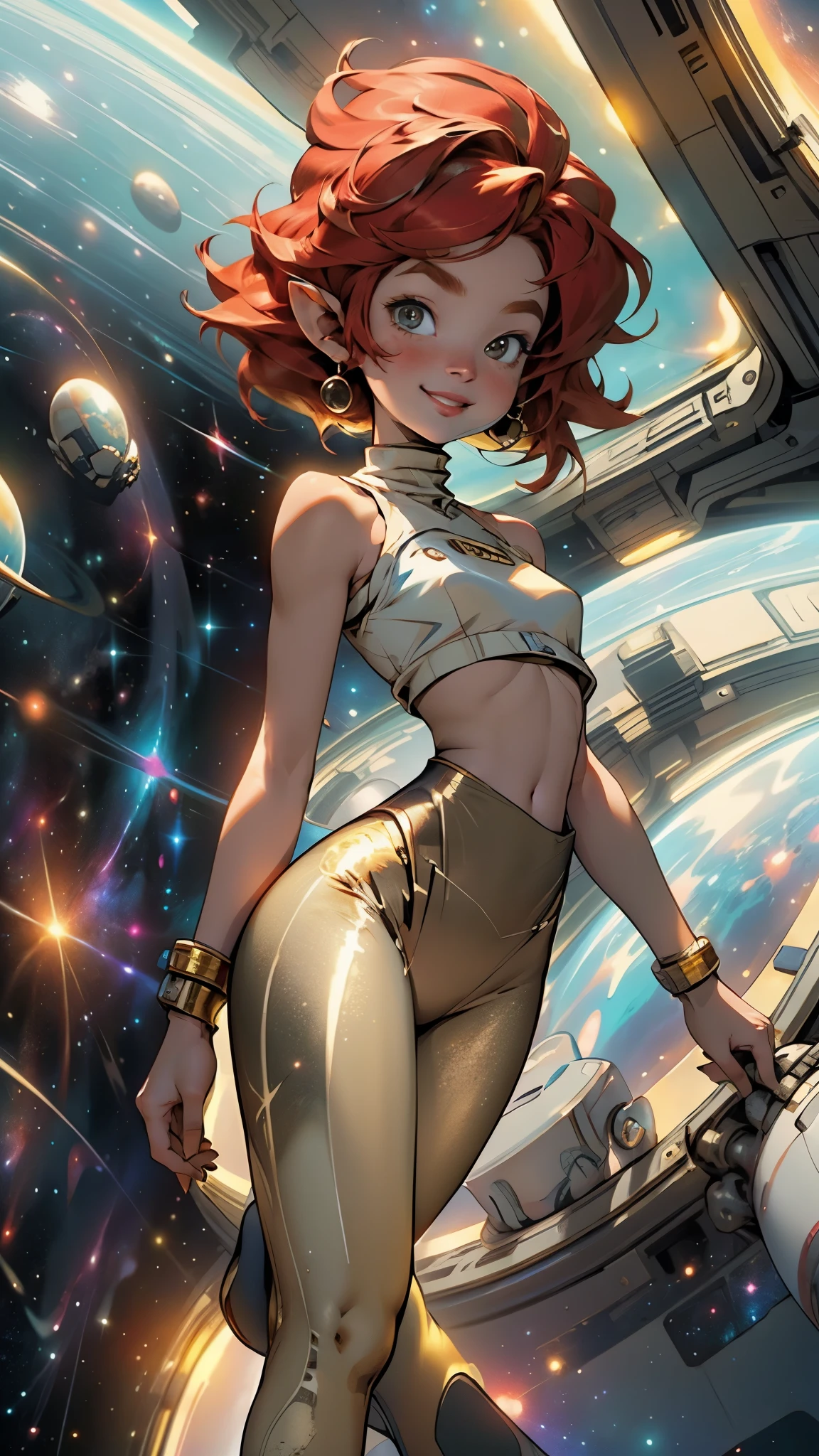 3 adult elf woman with different hair colors and body forms, floating through the spacestation corridor, (galaxy outer space planets:1.3), (inside spaceship), (futuristic), wide hips, thin waist, short torso, tan, tanline, red lips, (gold hair:1.5), cute young goddess in (galaxy leggings:1.3), high quality resolution, galaxy leggings, looking at viewer, smiling gently, (from behind, flying above me),(nsfw:0.55), ((flat chested, flat stomach, baby face)), (intense colors)