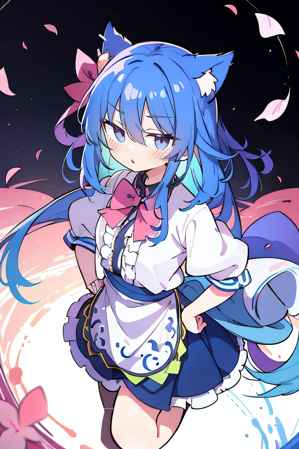 (masterpiece),best quality, expressive eyes, perfect face, 1girl,
Put your hands on your waist,fair, Gorgeous,Japanese cartoons,girl,lola,Hina Angel, blue hair, blue haired, floating clothes,Grab your waist, Grab your waist, hands on hips , hands on hips,sit, sit on ground, Legs on the ground, flat chest,cat ears,Petals fall,Sitting in the summerhouse,summerhouse,