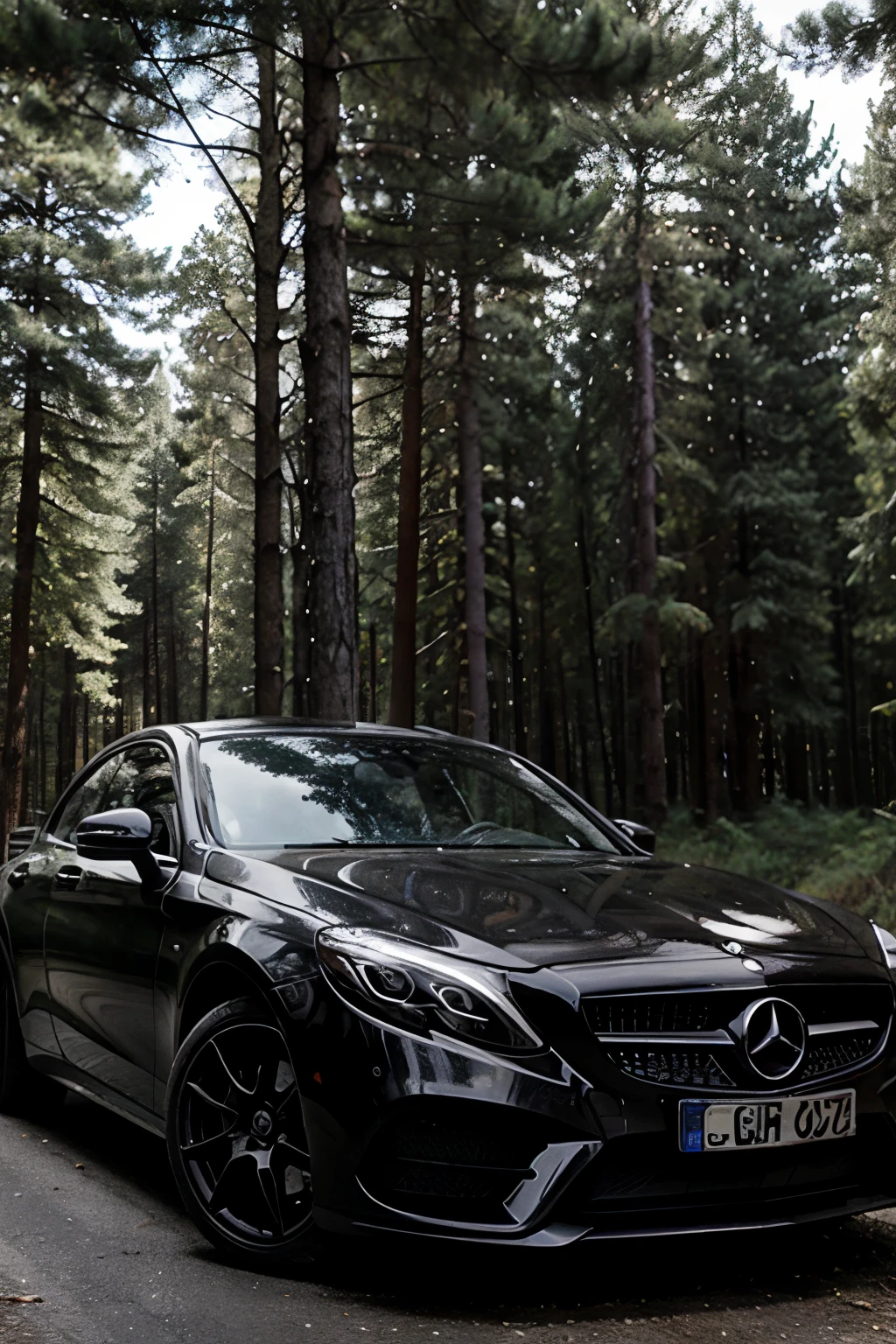 una carrera de autos clandestina en medio del bosque estilo dark romance con autos mercedes 