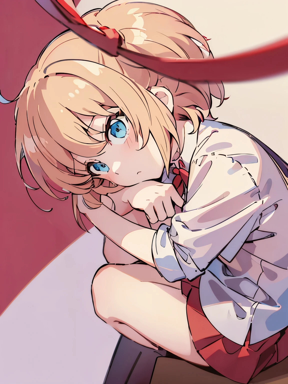 1girl,6 years old,blonde hair,Sitting,Facing right, camera angle from the side, looking away,,blonde hair,blonde hair,short hair, blue eyes,White short shirt, red bow tie, red short skirt, red ribbon ponytail,full body photo,very short hair, side bangs,ultra detail, ultra HD