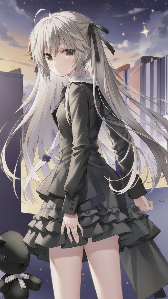 ((masterpiece:1.4, best quality)) ,Kasugano Sora,1 cool girl,Brown eyes,Plush Toys,Stuffed Animals,stuffed bunny,,Happy,eternity,Black socks,Jane Shoes,Black jacket with white T-shirt,long black scarf,Christmas,Christmas Star