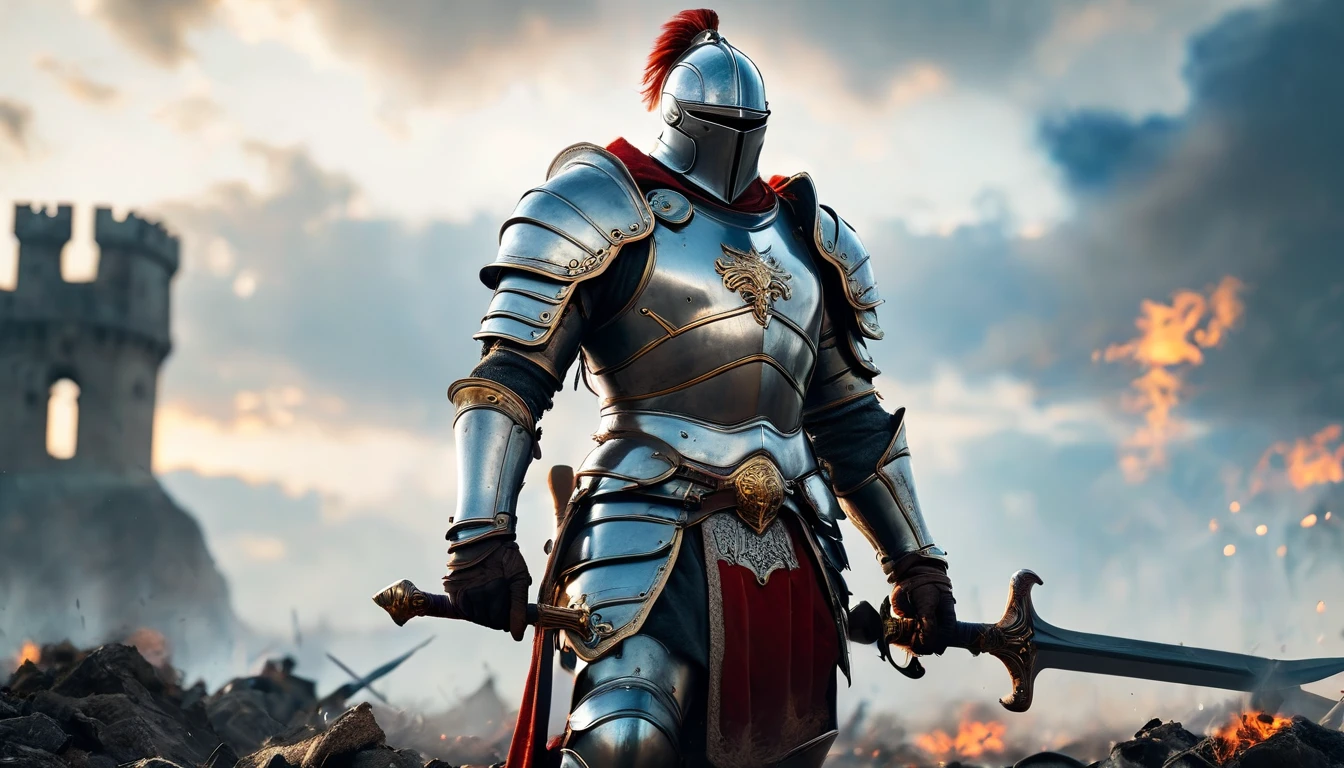 epic medieval knight warrior, standing on a battlefield