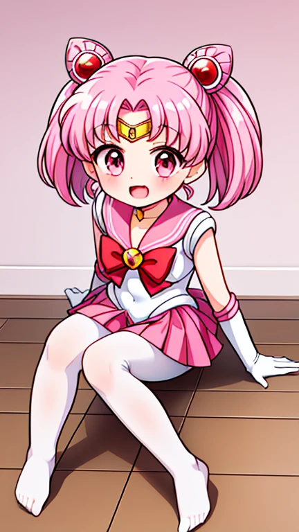 Sailor Moon,young年,Seven years old,cute,(Little Loli),Pink hair twintails,short hair,Sailor Suit,Red bow,White elbow gloves,Red Skirt,No shoes,Open your mouth,laughing out loud,Fangs,(White pantyhose),soles of feet,Soles,(young),(little man),sit