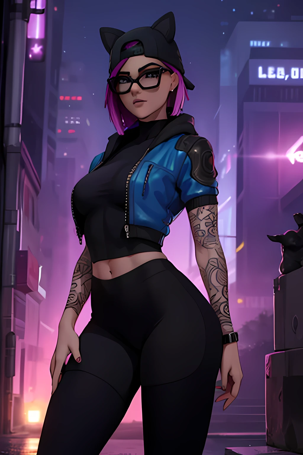 Traje de lino Cyberpunk, Noche, pulsera de picos,gorro de invierno , shorts negro con leggins Negro ,chaqueta azul oscuro ,Extremadamente detallado, rostro detallado, gafas ,hermoso rostro, ojos finos, mirando al espectador, pose femenino.