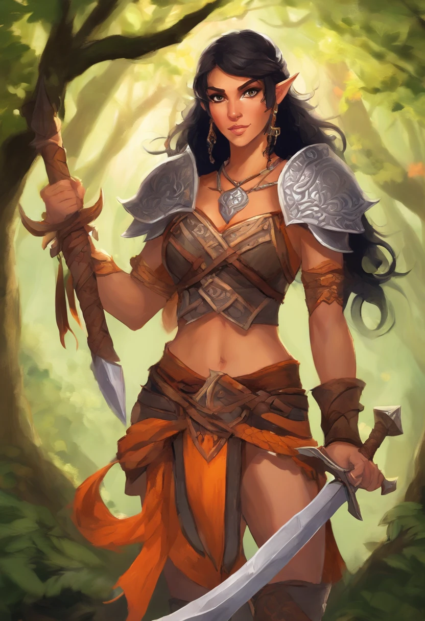 A female barbarian Elf. Tanned skin, short black hair, orange fathers in it, gray eyes. Wears armor with some orange detailing and has daggers in her hands. Wearing a fox-shaped necklace. She is in a forest.