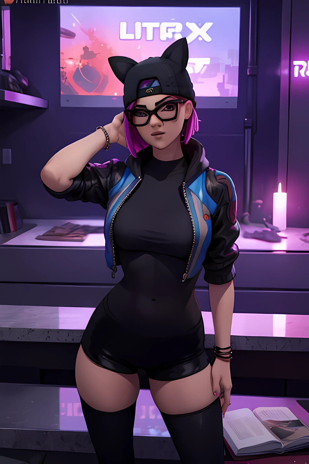 Traje de lino Cyberpunk, Noche, pulsera de picos,gorro de invierno , shorts negro con leggins Negro ,chaqueta azul oscuro ,Extremadamente detallado, rostro detallado, gafas ,hermoso rostro, ojos finos, mirando al espectador, pose femenino.