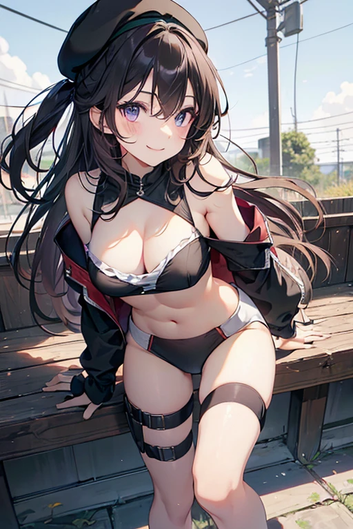 ubel,((ubel of Frieren: Beyond Journey's End )),dark green hair,long hair,side ponytail,hair between eyes,bangs, (miritary beret, black jacket, open clothes, cleavage, midriff, black shorts, black thighhighs, thigh strap, fingerless gloves, single glove:1.2) , (dynamic angle:1.3, front view:1.1, breast focus:1.3, from below:1.2), (dynamic posing:1.5, sexy posing:1.2, leaning forward), (seductive smiling:1.3),(*K) HD, highest quality, WorKs of masters, High resolution, spread legs, panties shot,1 girl, small nose,(with sparkling eyes and a contagious smile), very beautiful detailed face and eyes, bright colors, cute face, delicate beautiful face, Bright magenta eyes, cute eyes, sparkling eyes, Big eyes, (big breasts:1.3), (perky chest:1.1), (pointed chest:1.0), medium hips, glamorous body, white skin, smile, thin pubric hair, shiny hair, super beautiful face, Super beautiful eyes, Super beautiful hair,trendy outfit,sexy and attractive,explosion of colors,big hairpin,full body esbian,illegal occupation, Real World, Natural light,perfect Natural light,looking at viewer,