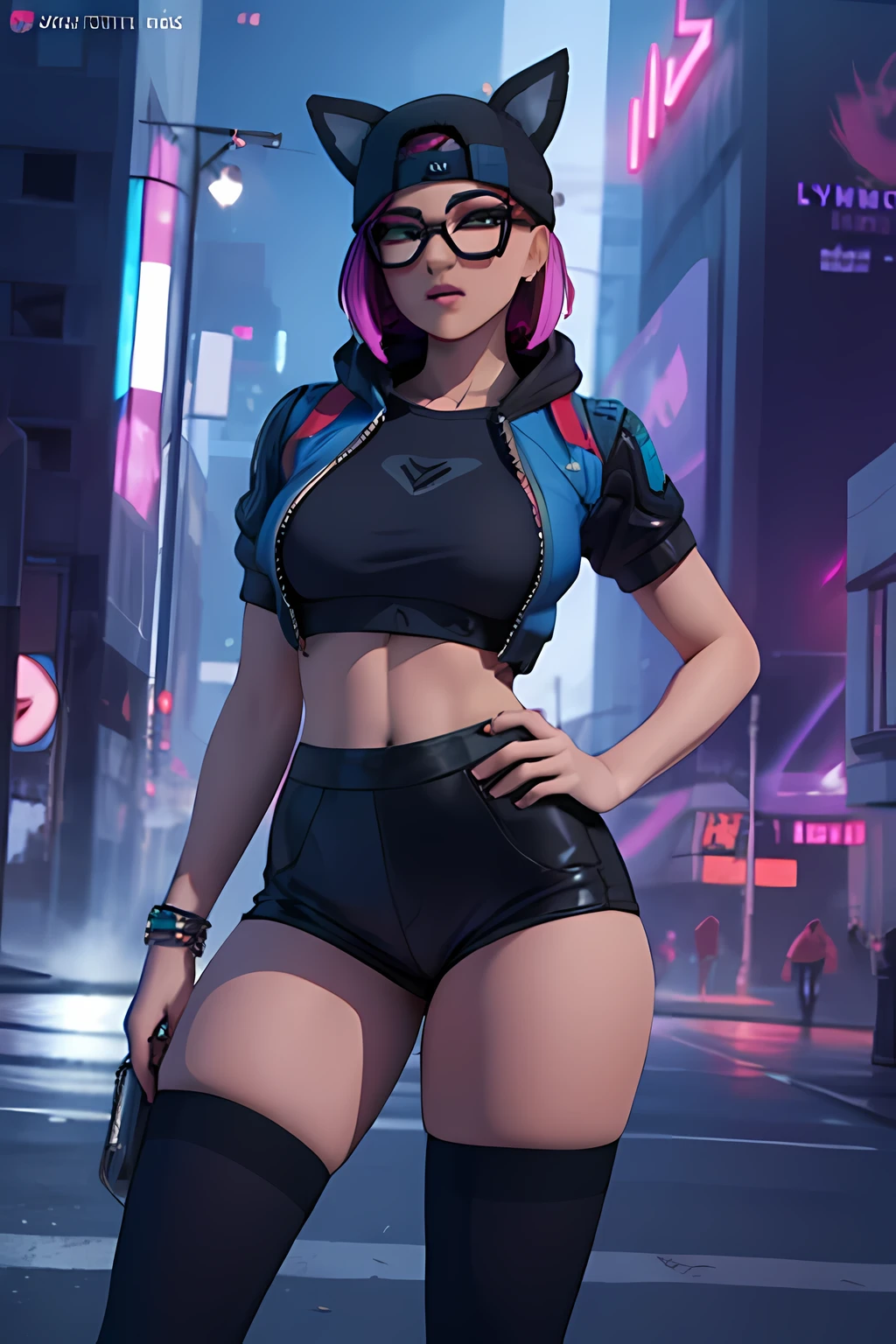  lynx Cyberpunk, pulsera de picos,gorro de invierno , shorts negro con leggins Azul , chaqueta azul marino ,Extremadamente detallado, rostro detallado, gafas ,hermoso rostro, ojos finos, mirando al espectador, pose femenino, Noche 