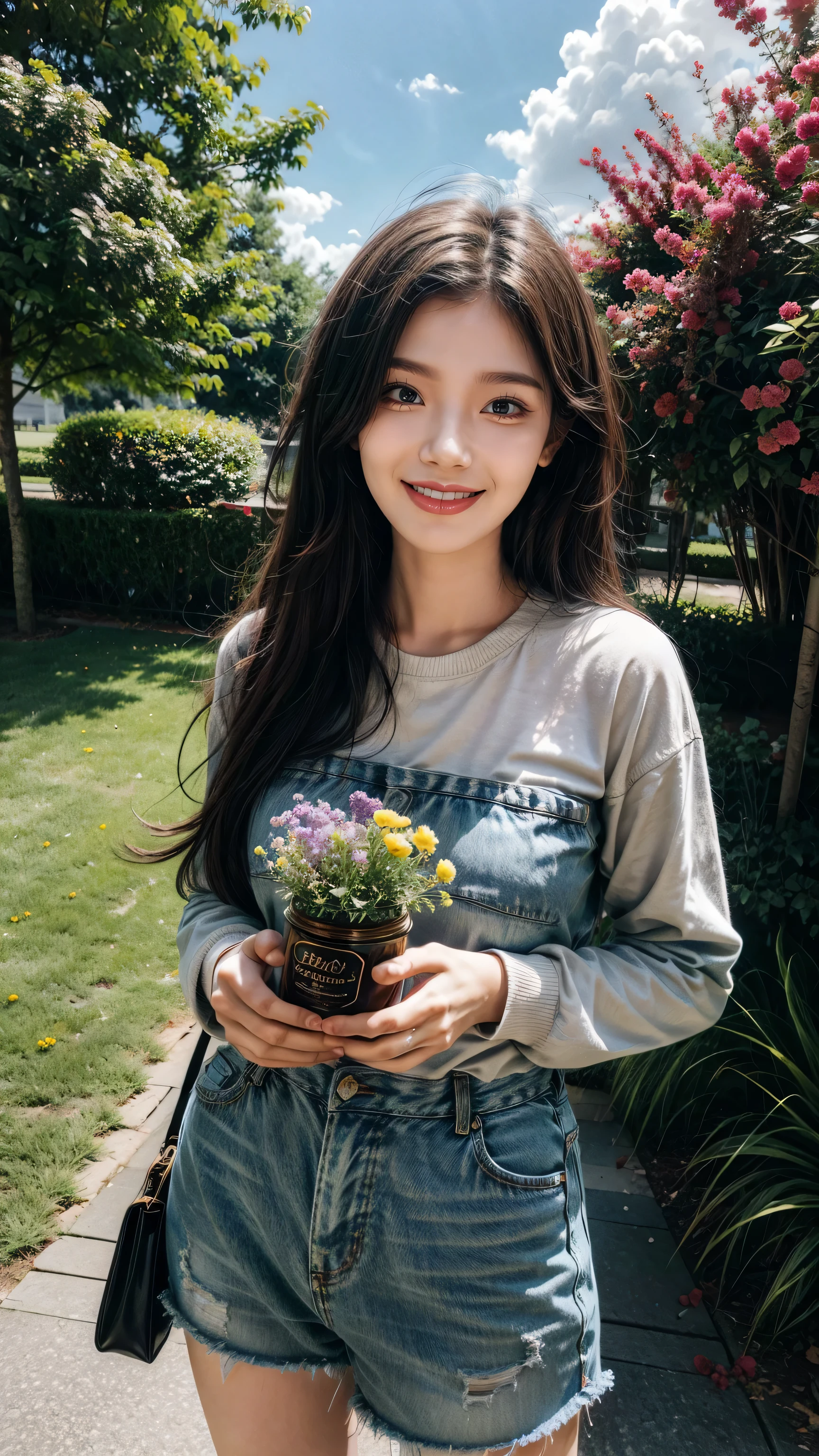 A girl stood there，With a big smile on your face, Holding a jar of magic paint in hand. Surrounded by a magical and colorful environment, There are colorful flowers, Vibrant trees and a rainbow-filled sky. 4K resolution